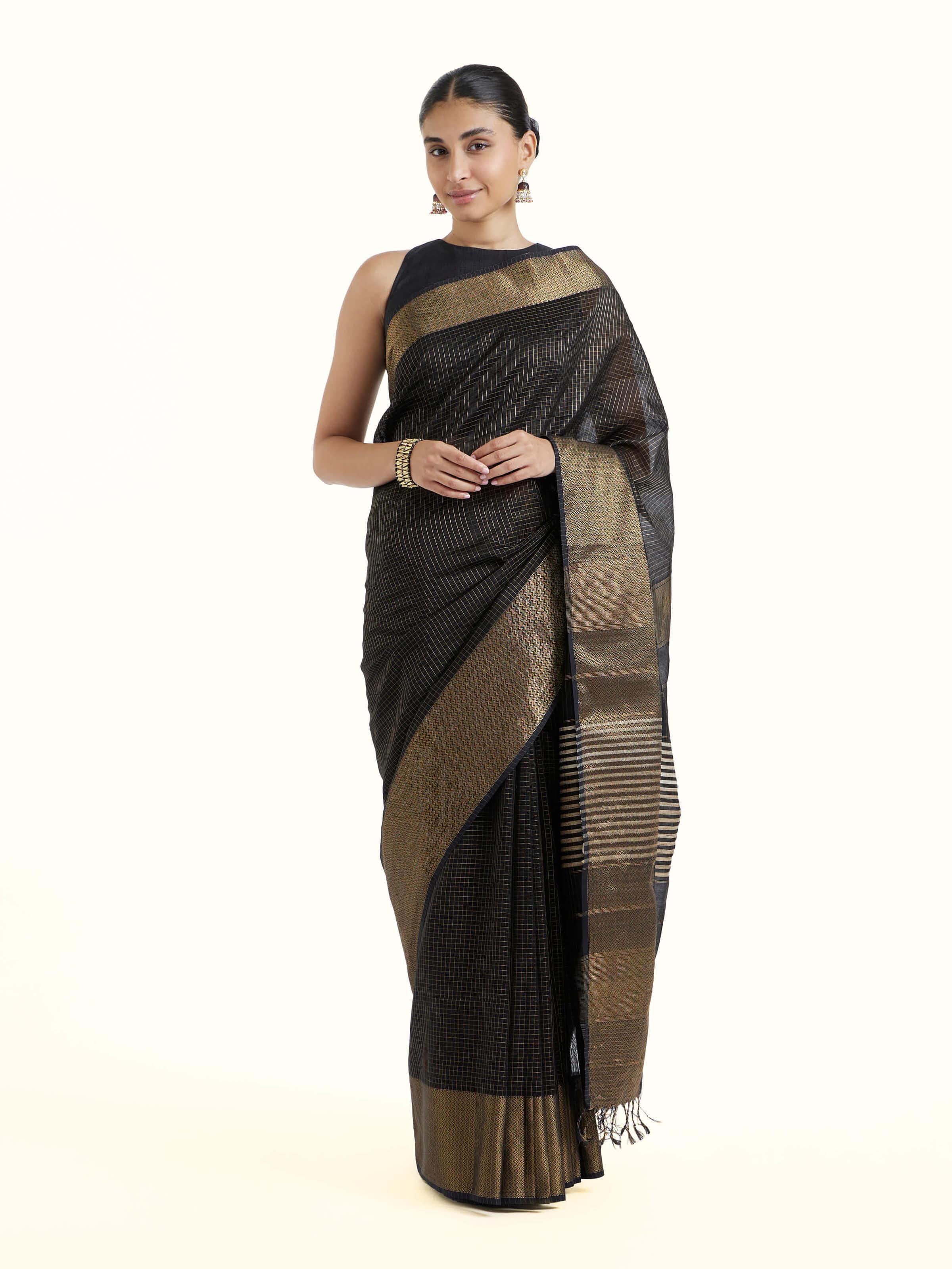 Front view of black cotton silk Maheshwari saree with traditional motifs