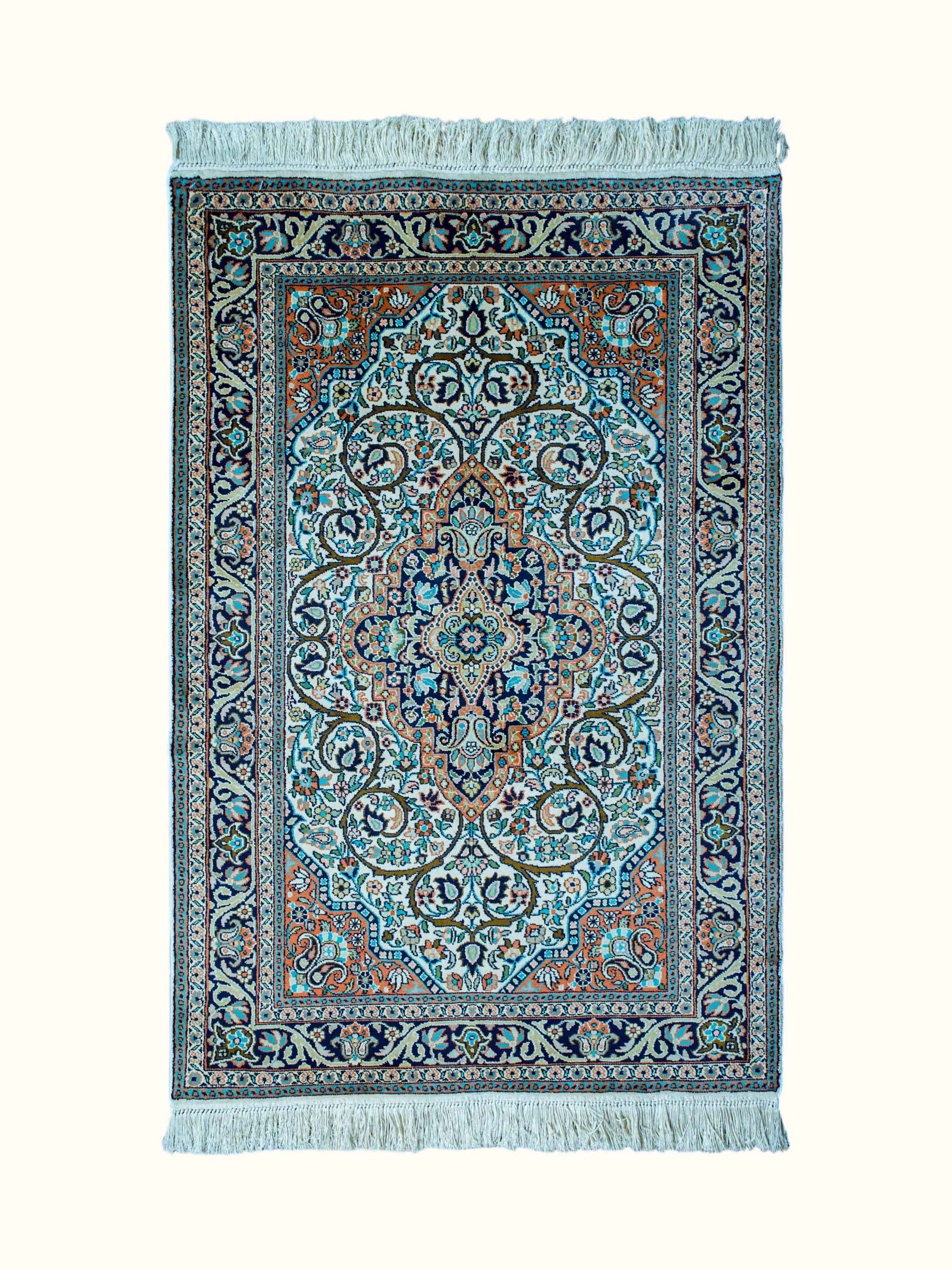 Traditional Persian Ivory Rust Tabriz Kashmir Silk Hand-Knotted Carpet