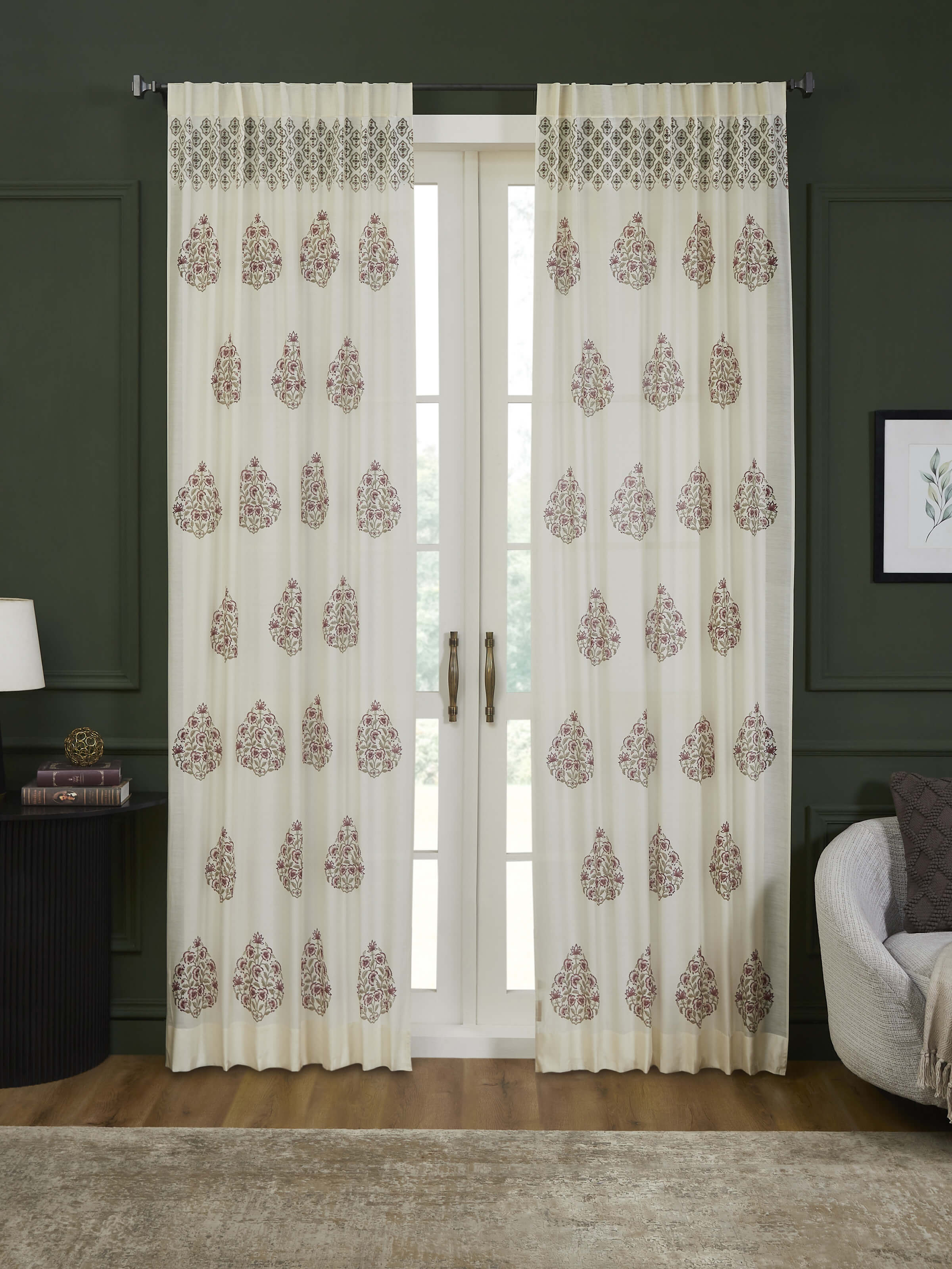 Aarunya Red Buta Cotton Silk Sanganeri Hand Block Printed Sheer Curtain (9 Ft)