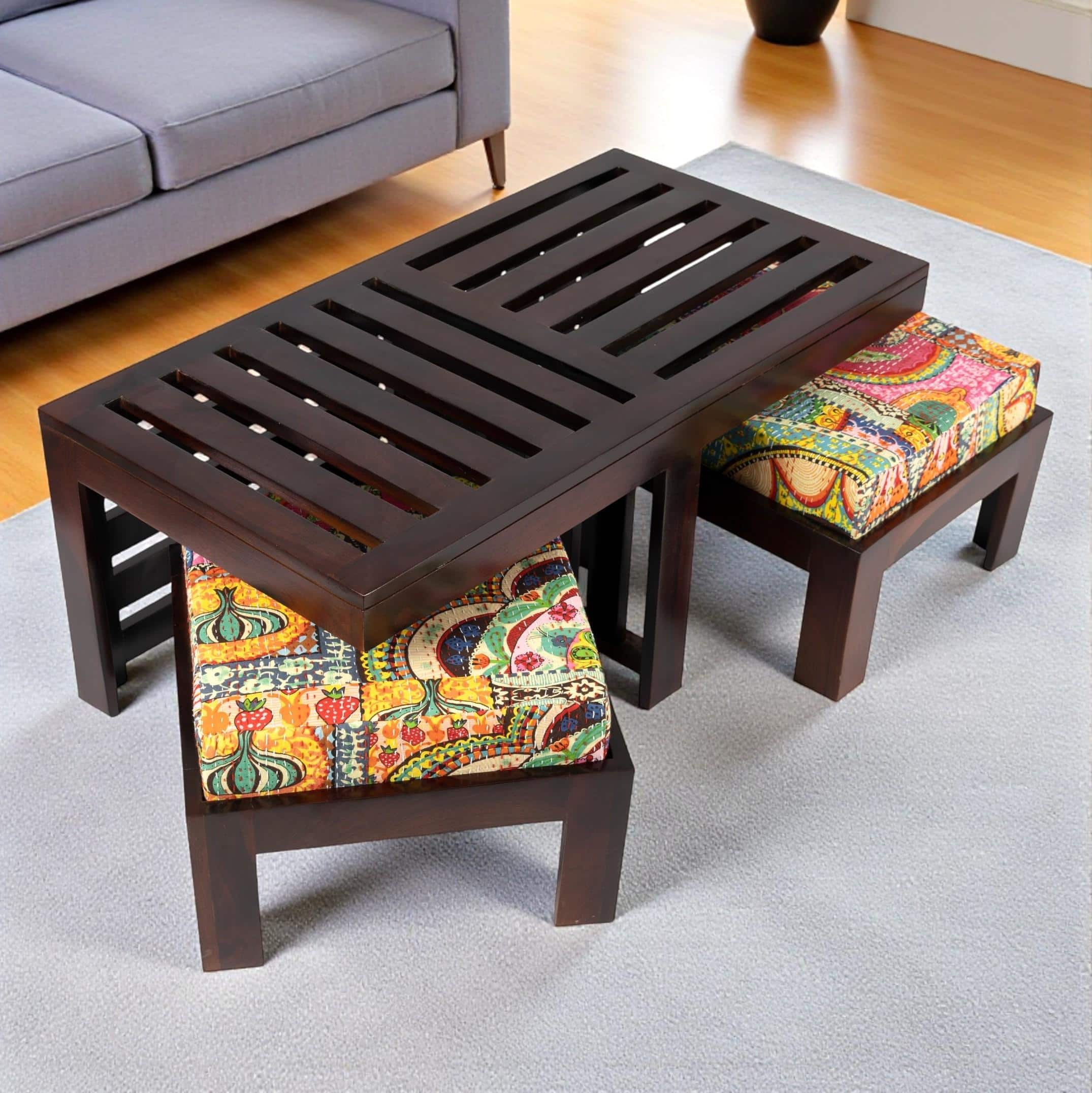 Irish Sheesham Wood Bohemian Coffee Table Set With 2 Stools In Dark Walnut Finish With Israel Print Patchwork Kantha Cushions