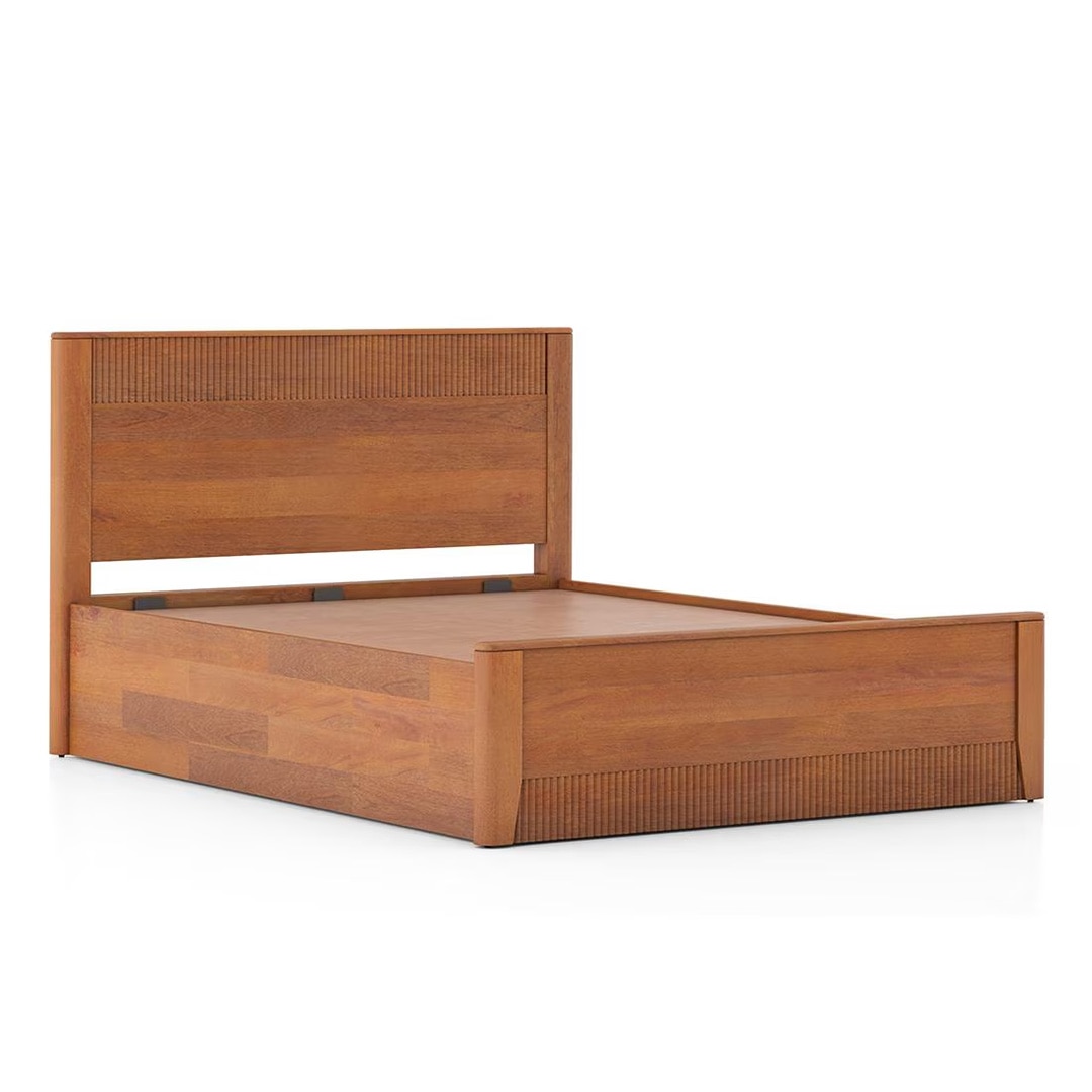 Toledo Solid Wood Queen Size Hydraulic Storage Bed In Amber Walnut Finish