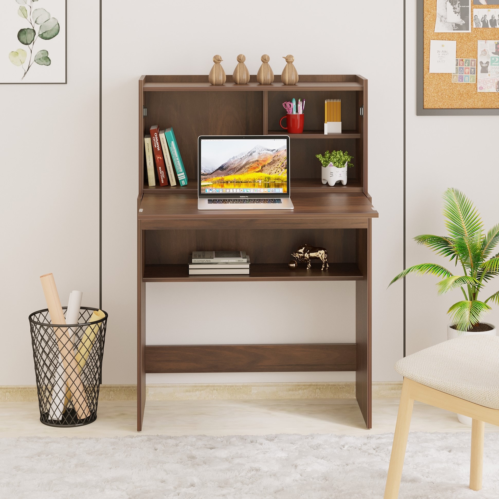 BLUEWUD Karmiya Engineered Wood Study and Computer Laptop Table for Home or Office, WFH Desk, with Multiple Storage Shelves for Books and D�cor Display for Adults Kids Students (Brown Maple)