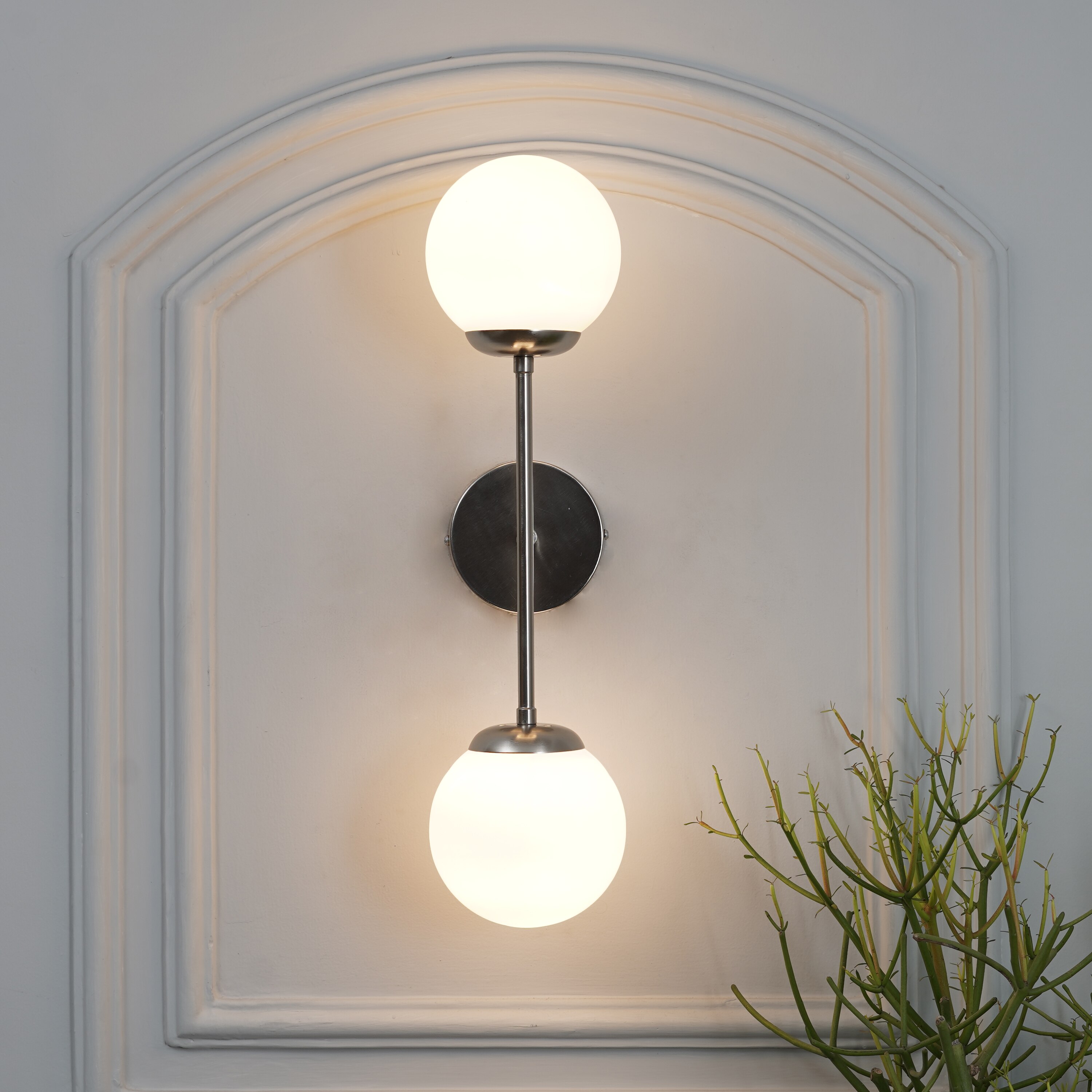 Balts Twin Wall Light In Chrome Finish With Opal Glass Globe Shades