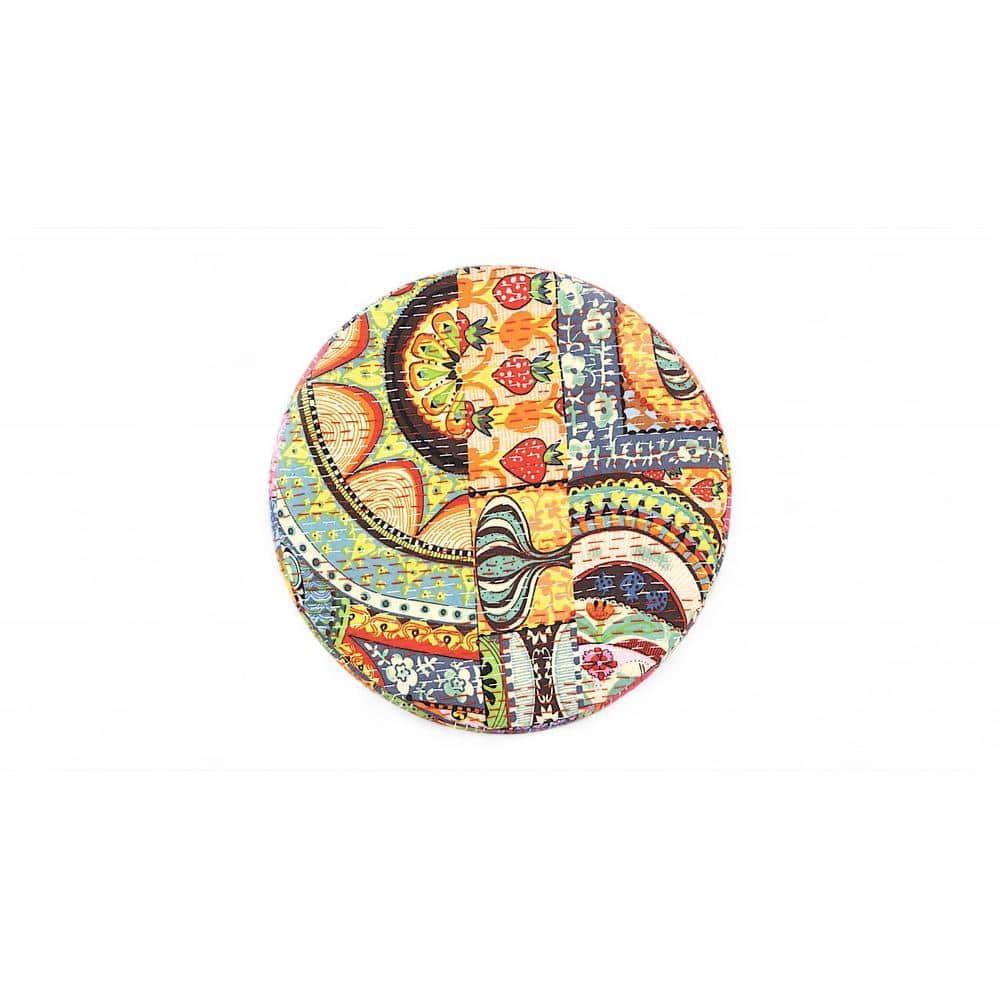 Roswell Sheesham Wood Bohemian Round Stool in Israel Print Patchwork Kantha Upholstery