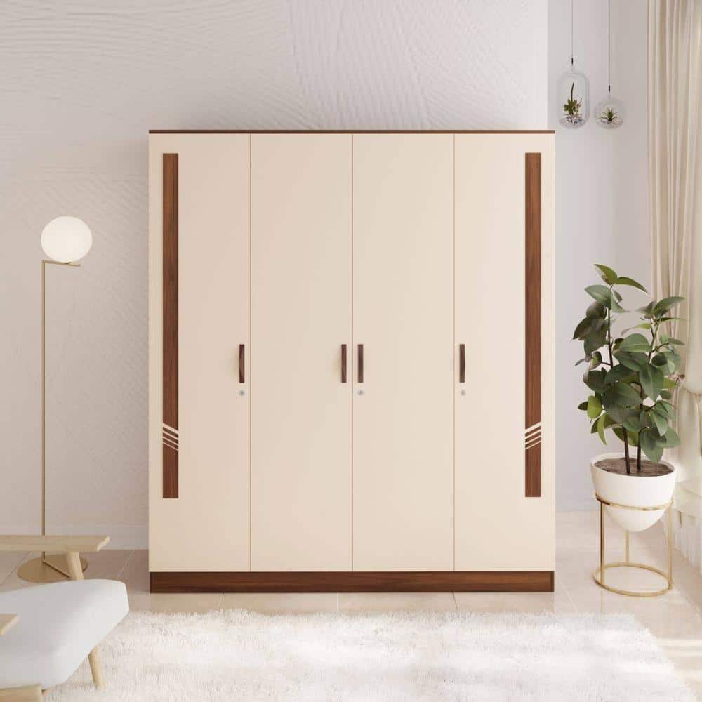 Andrie Engineered Wood 4 Door Wardrobe/Clothes Storage Rack Organizer Almirah Cupboard Without Mirror, 10 Shelves & Drawers (One with Lock) for Bedroom Home Furniture (Brown Maple & Beige)…
