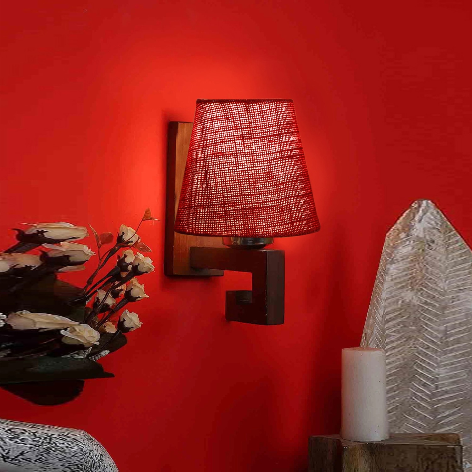 Devansh Solid Wood Electric Wall Light in Maroon Colour with Maroon Shade Count of 1 Light - Devansh