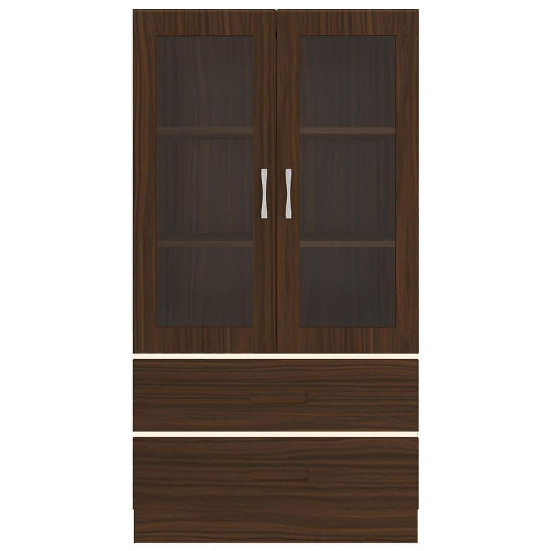 Paloma Large Crockery cum Bookshelf Cabinet with Toughened Glass Shutters and Drawers in Coffee Walnut Light Wood Colour