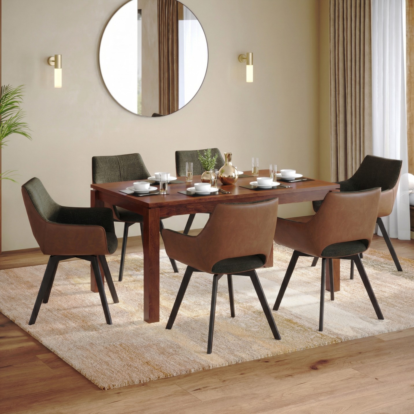 Atlas Solid Wood 6 Seater Compact Dining Table In Honey Finish With set of 6 Casey Swivel Dining Chair in Dual Tone