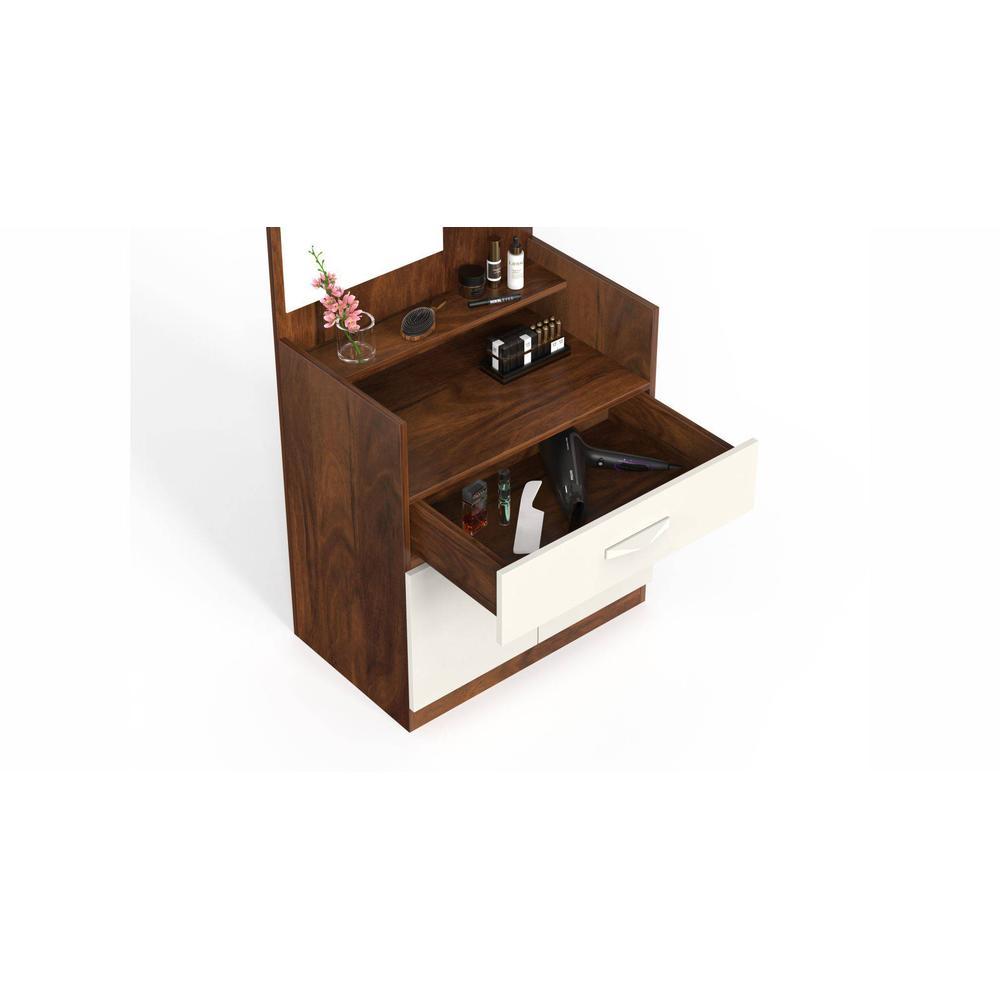 Darci Engineered Wood Wall Mount/Floor Standing Dressing Table Organizer Makeup Vanity with Mirror Storage Shelves, Bangle Holder & Hooks for Bedroom Home Furniture (Brown Maple & White)