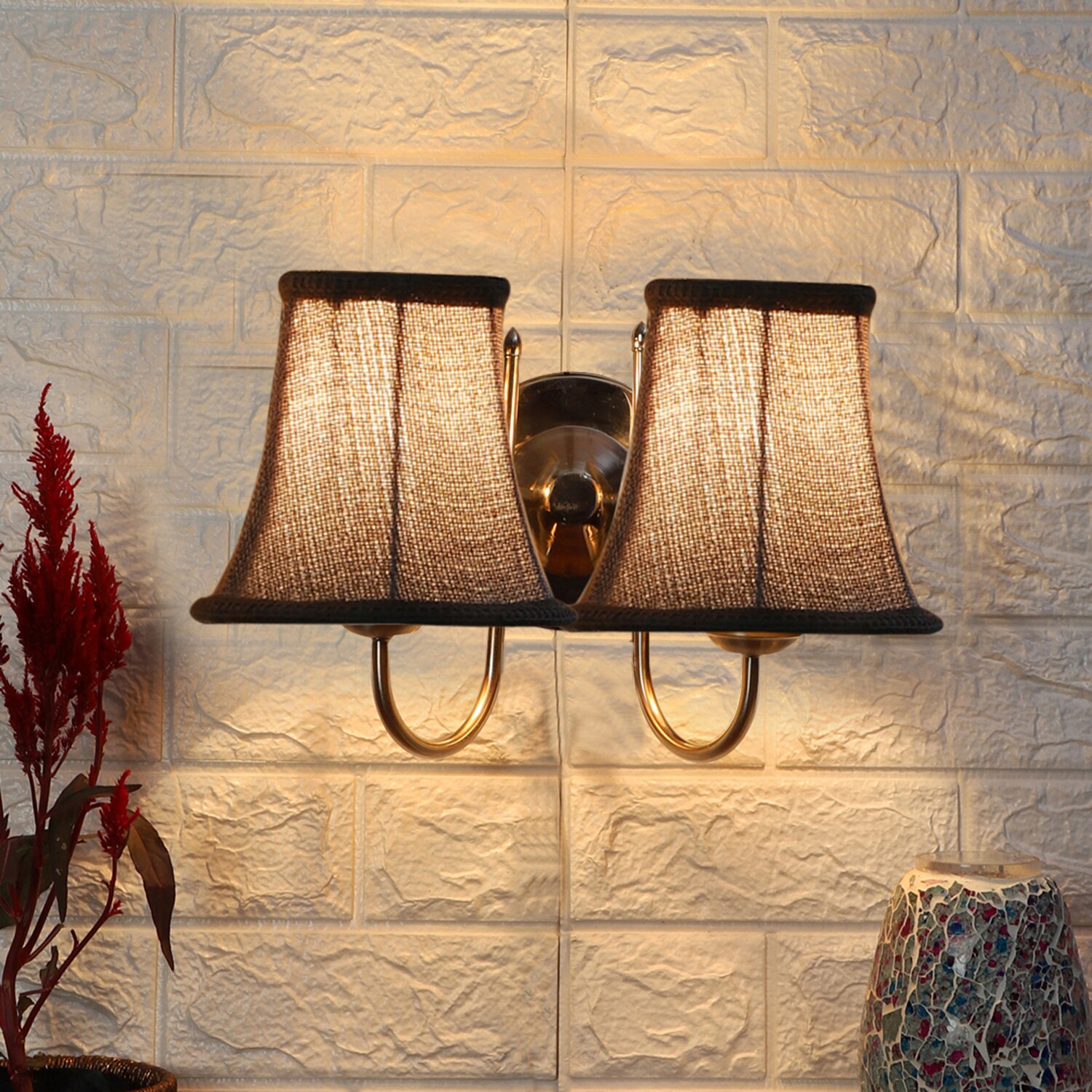 Devansh Dual Steel Metal  Wallmounted Lamp With Beige Jute  Shade