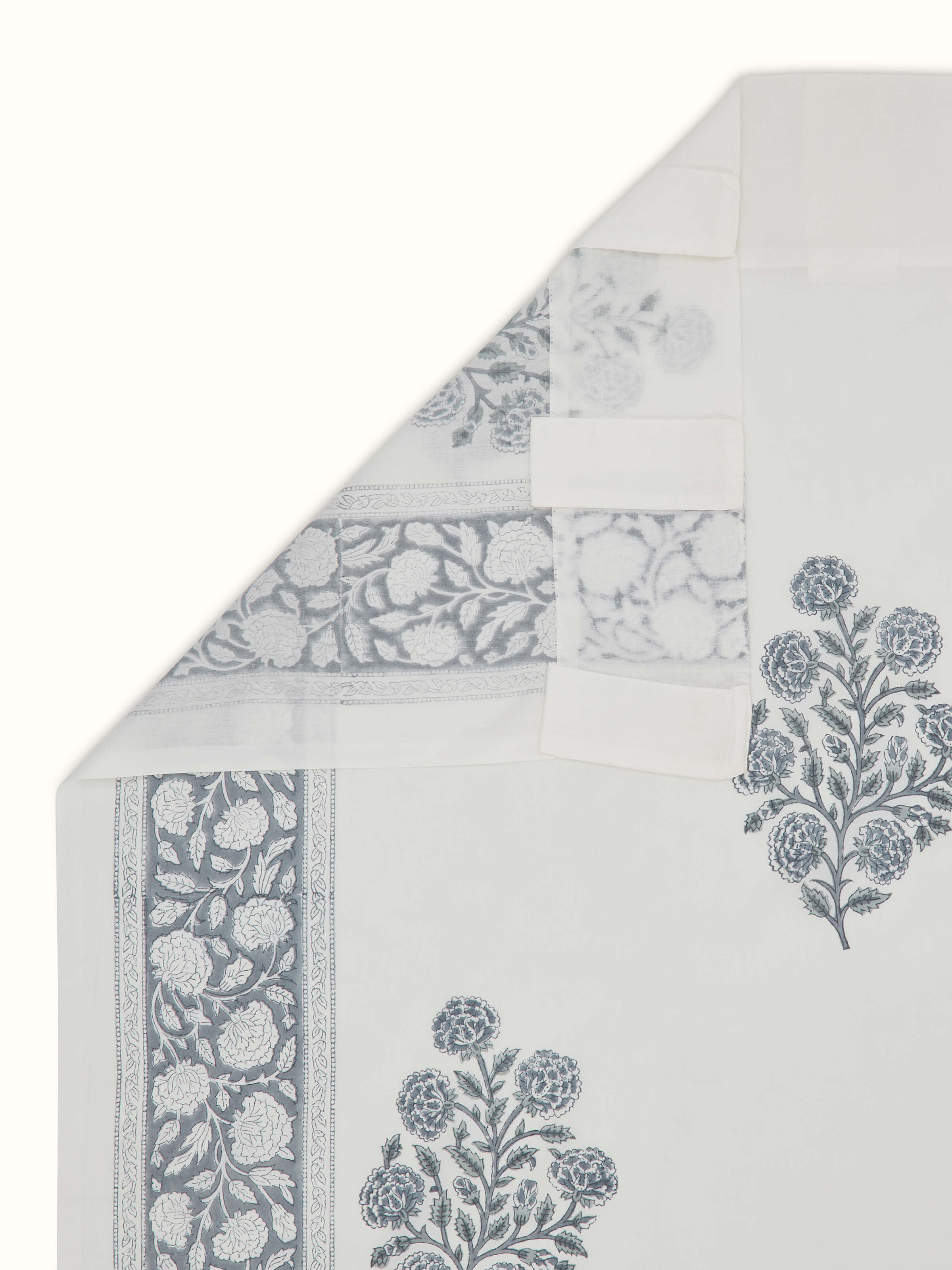 Close-up of Saha Grey Floral Block Printed Curtain, focusing on artisanal print and sheer weave.