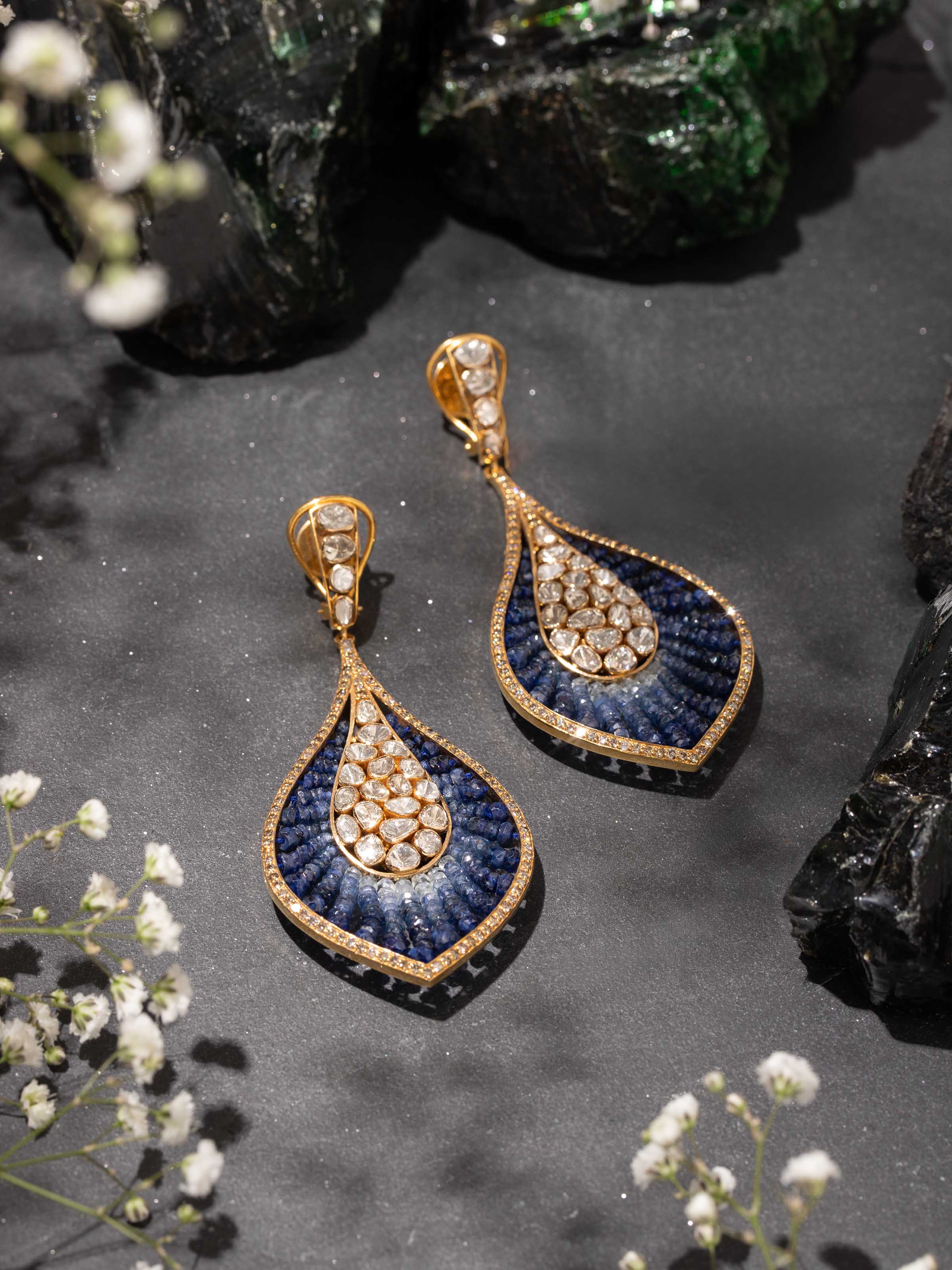 Lifestyle view of Dank Polki 14 Karat Gold Drop Earrings — Swadesh