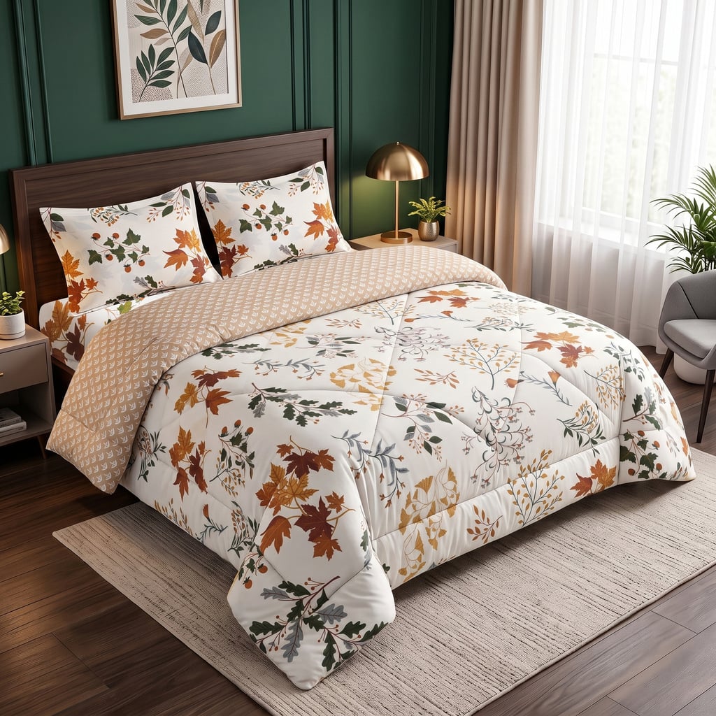 White Floral 4 Pcs Comforter set with Queen size bedsheet + 2 Pillow covers - Threads