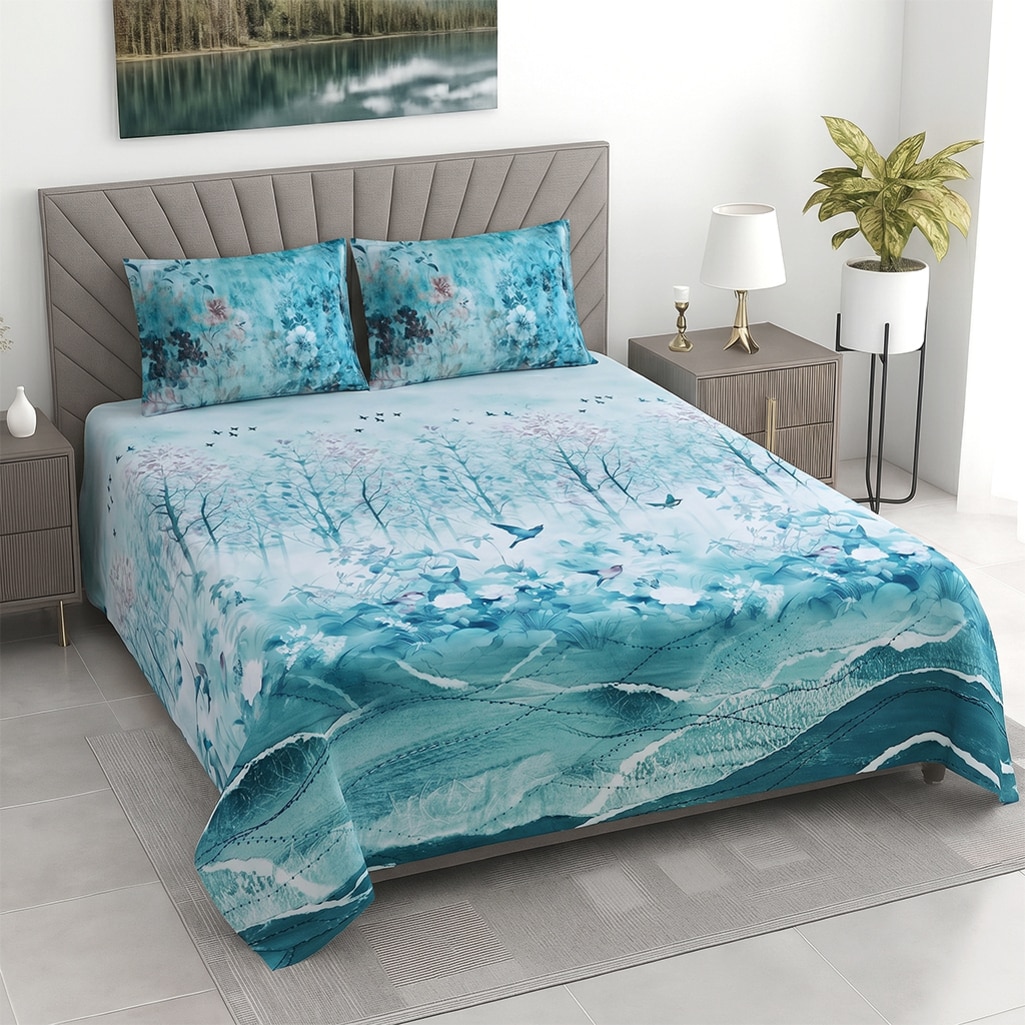 Multi shade digital Print 400 Tc Cotton Flat Super King Size Bedsheet With 2 Pillow Cover - Threads