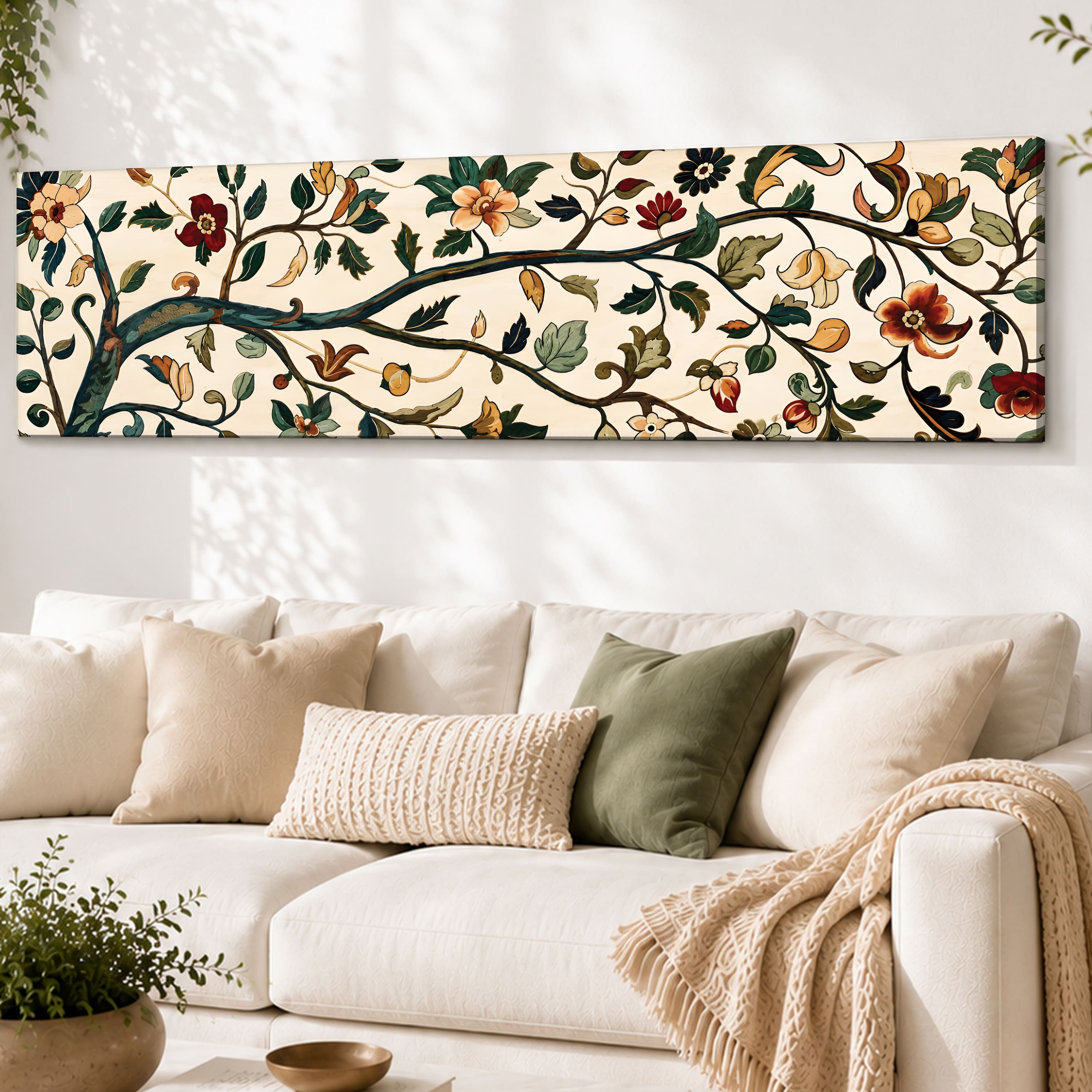 Traditional Kalamkari Botanical Canvas Wall Art 12 x 46 Inch - Art Street