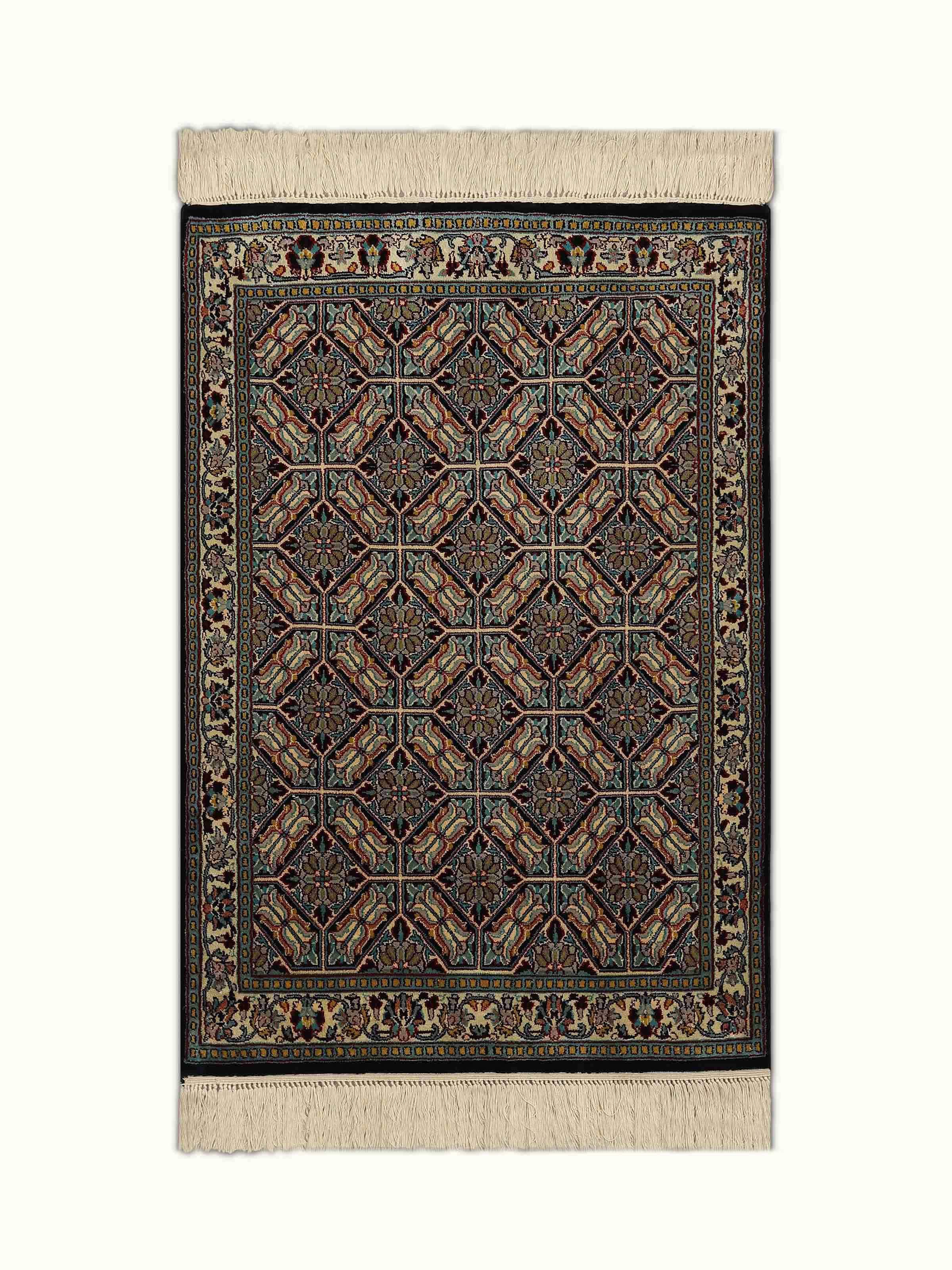 Traditional Persian Blue Khatamband Kashmir Silk Hand-knotted Rug