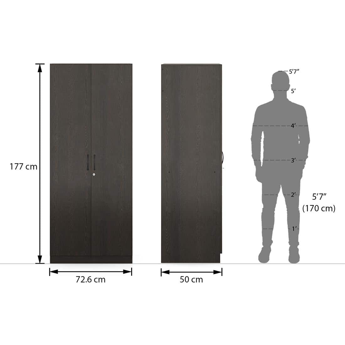 Zoey Engineered Wood 2 Door Wardrobe With Mirror in Dark Wenge Finish