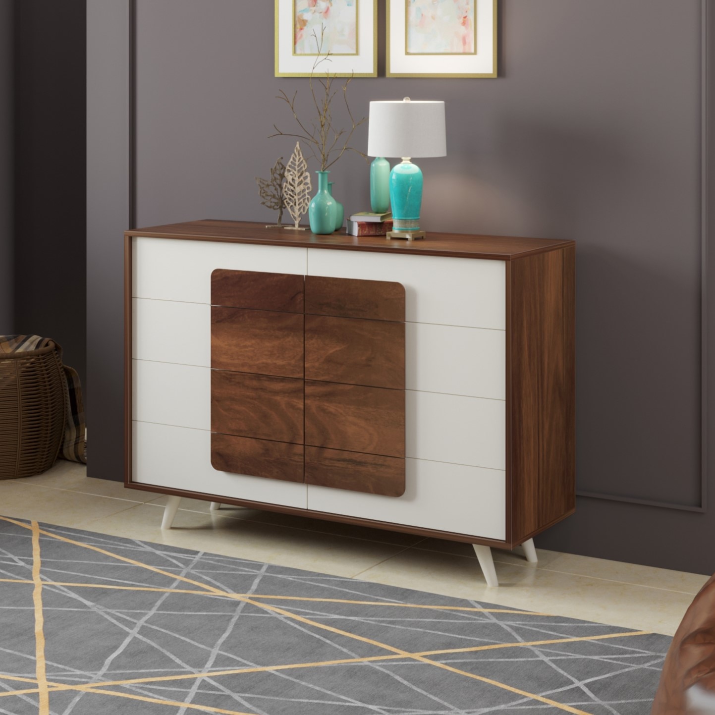 BLUEWUD Mayrone Large Engineered Wood Multipurpose Modular Chest of Drawers, Wooden Drawer Storage Organizer Cabinet for Living Room Bedroom Home Furniture (Brown Maple & White)