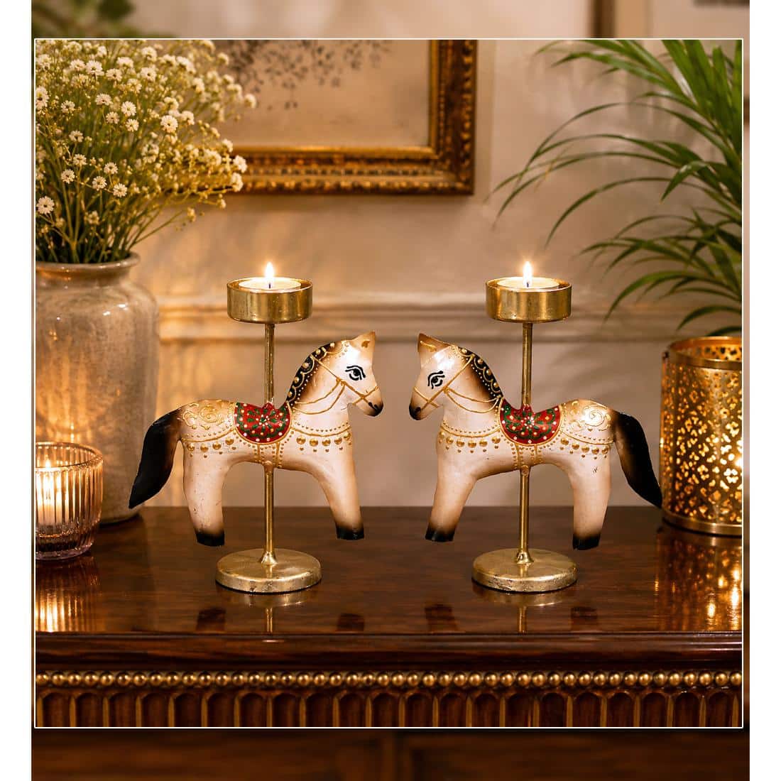 Desert Art Metal Handpainted Horse Tealight Holder Set of 2 - Desert Art