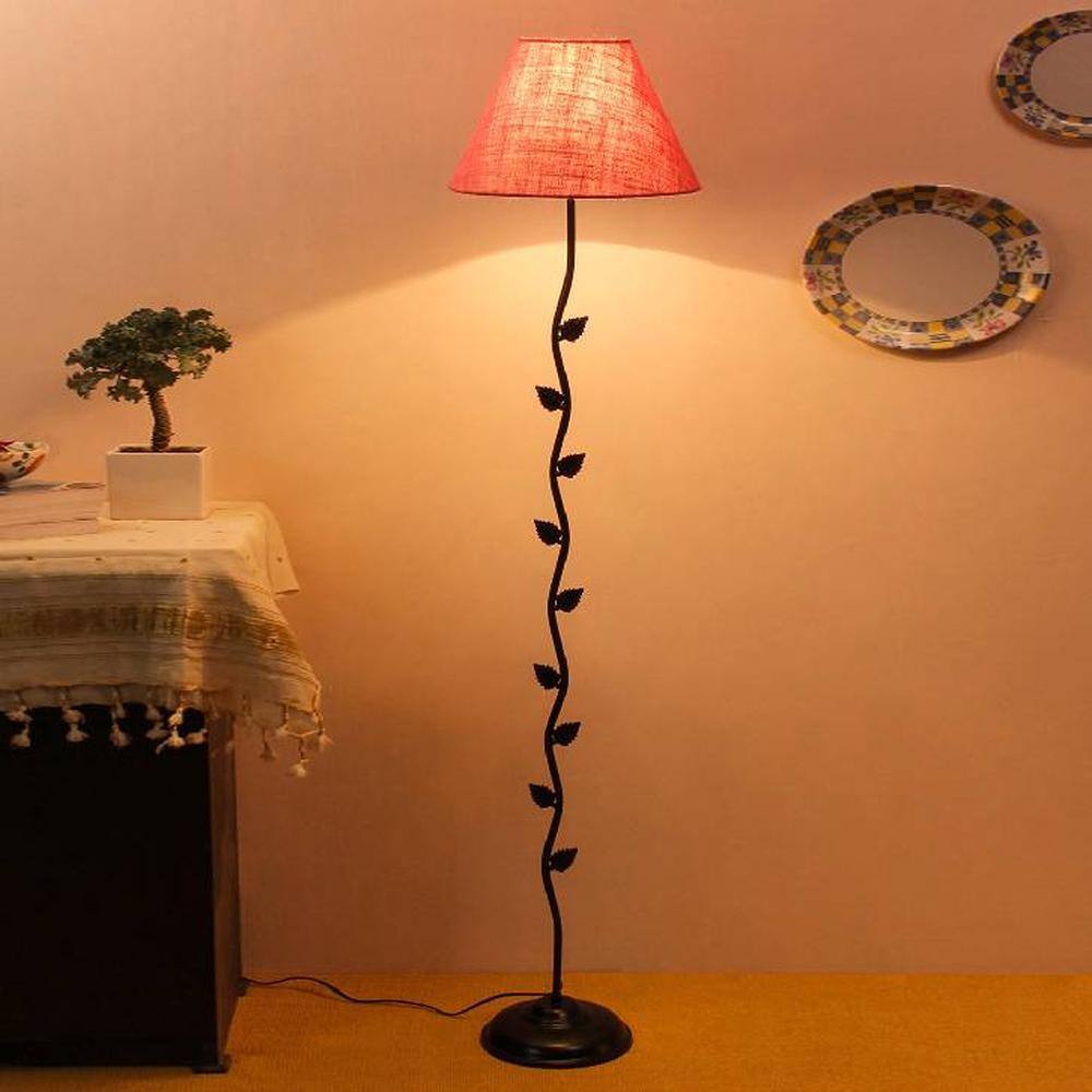 Ellee Pink Natural Fiber Floor Lamp with Black Iron Base