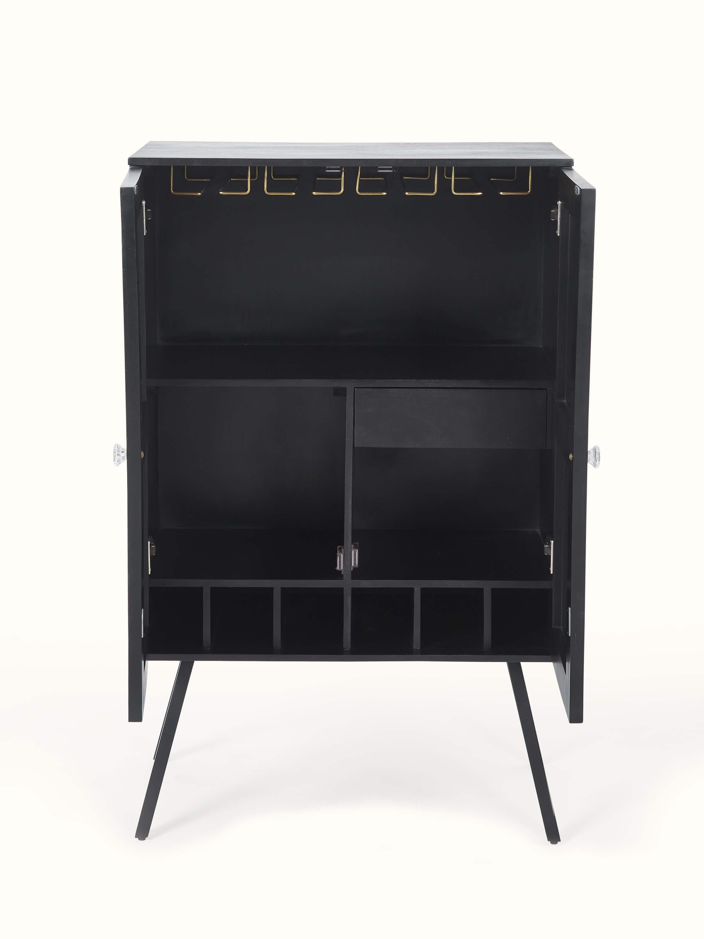 Angled view of the mango wood bar cabinet with mother-of-pearl inlay, emphasizing the cabinet's structure and decorative elements