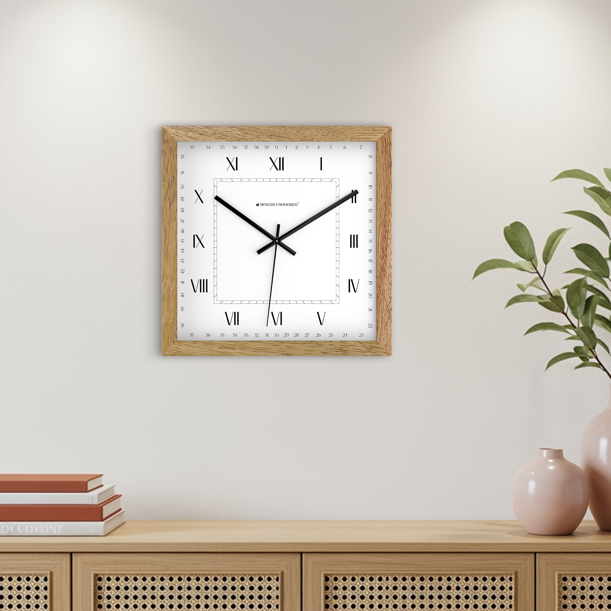 Square Wooden Wall Clock with Roman Numerals and Outer Minute Track