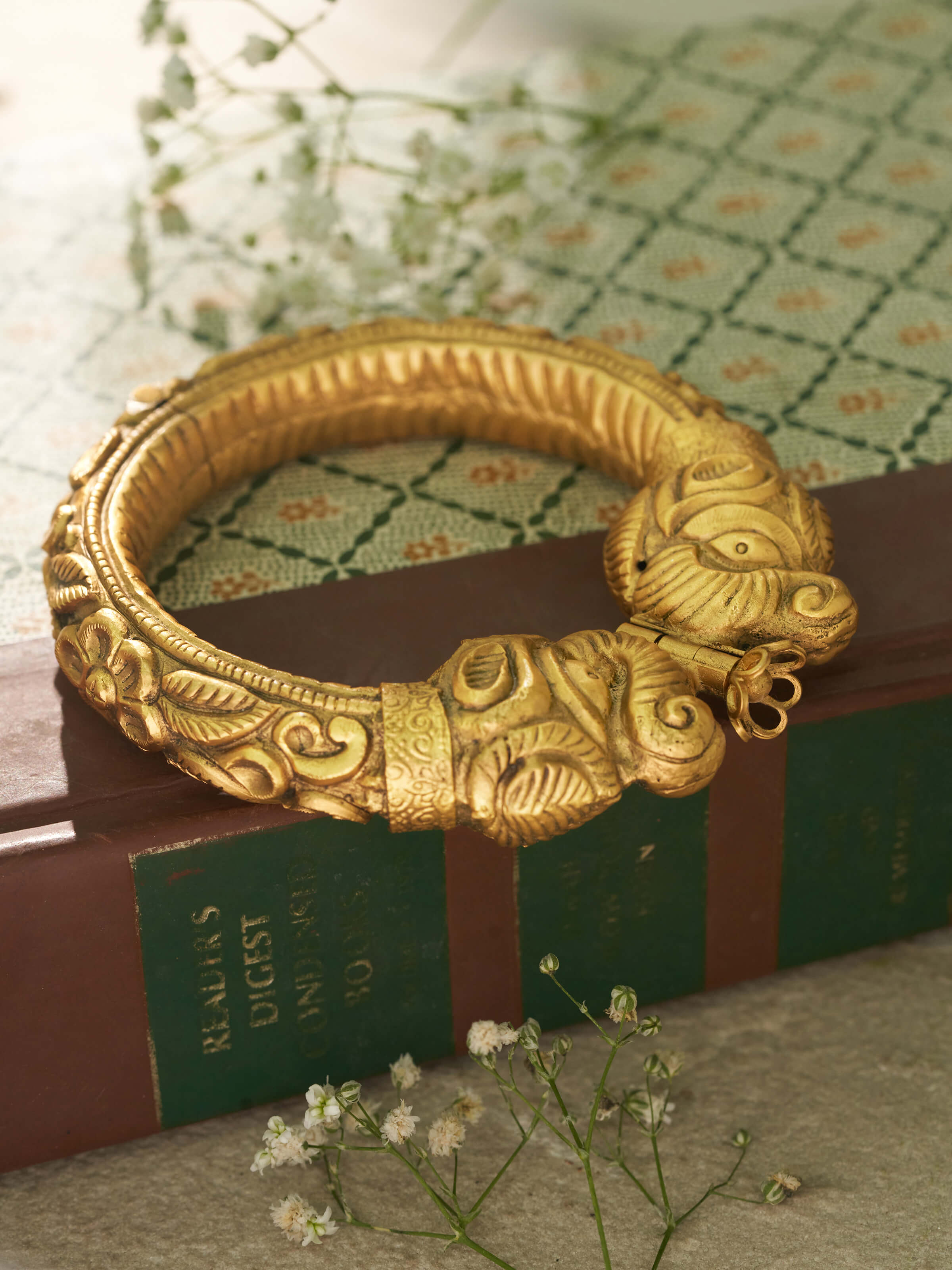 Side view of Silversmithing Kada illustrating the intricate silver detailing and design.