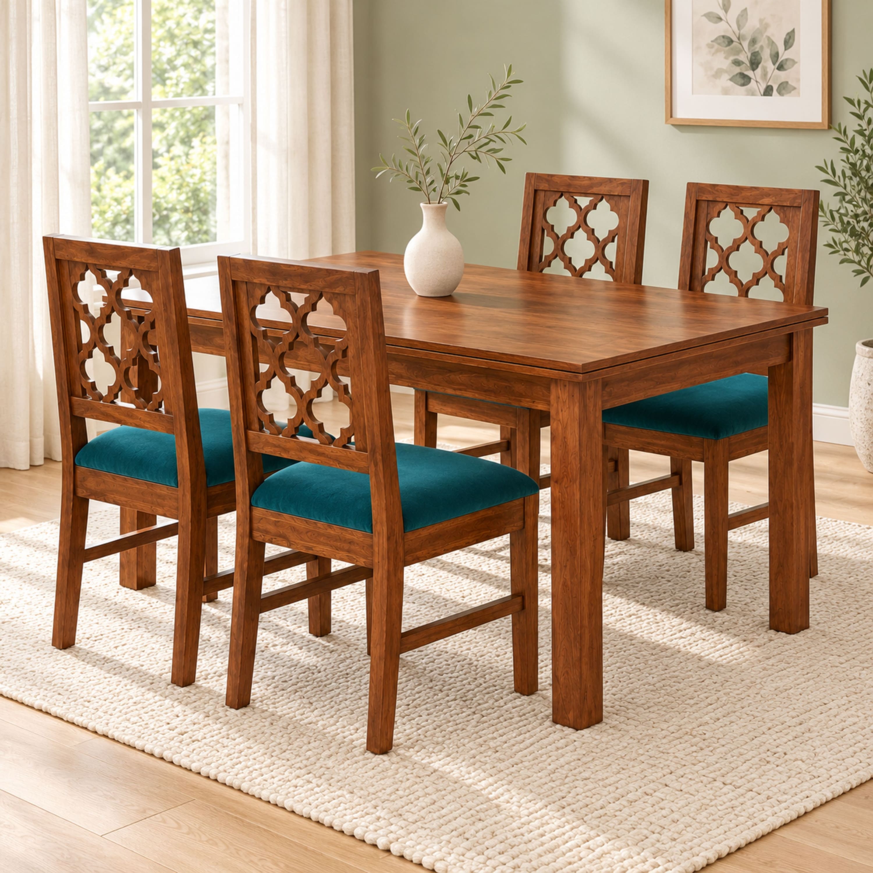 Globally Indian Nakshatra Solid Sheesham Wood 4 Seater Dining Table Set 4 Chairs Teal Green