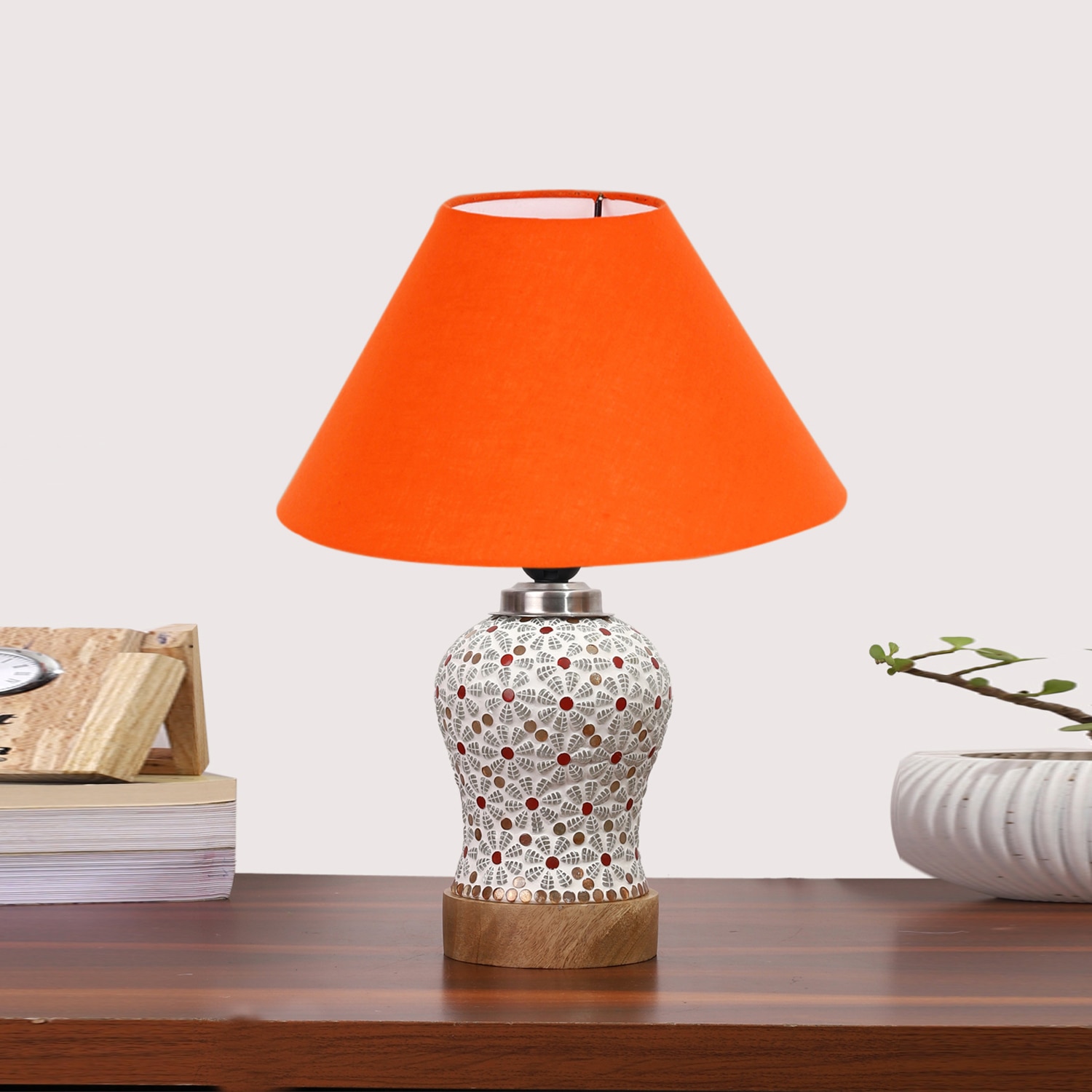 Devansh Conical Orange Cotton Shade Lamp With Wood & Mosaic Glass Base For Decoration/Office/Home/Gifting/Study For Decoration/Office/Home/Gifting/Study -(10X10X14.5) Inches -A - Devansh