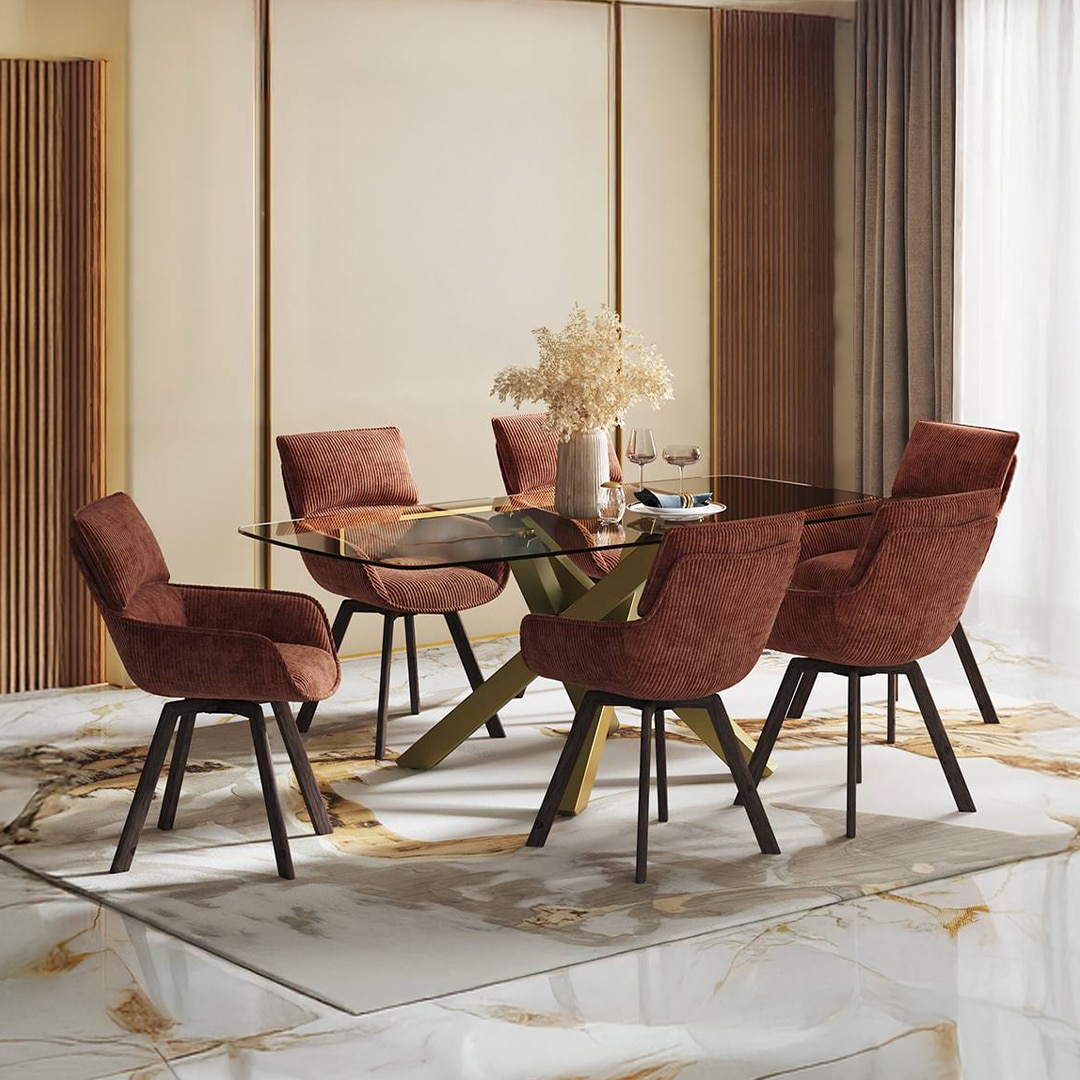 Zaida 6 Seater Dining Table With Set Of 6 Bren Swivel Dining Chairs (Colour- Auburn, Finish- Glass)