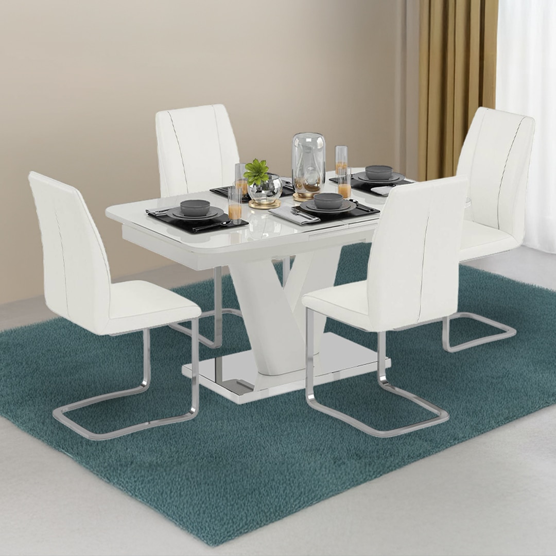Caribu 4 To 6 Extendable Seneca 4 Seater Dining Table With 4 Chairs (Finish : White, Chair Colour : White)
