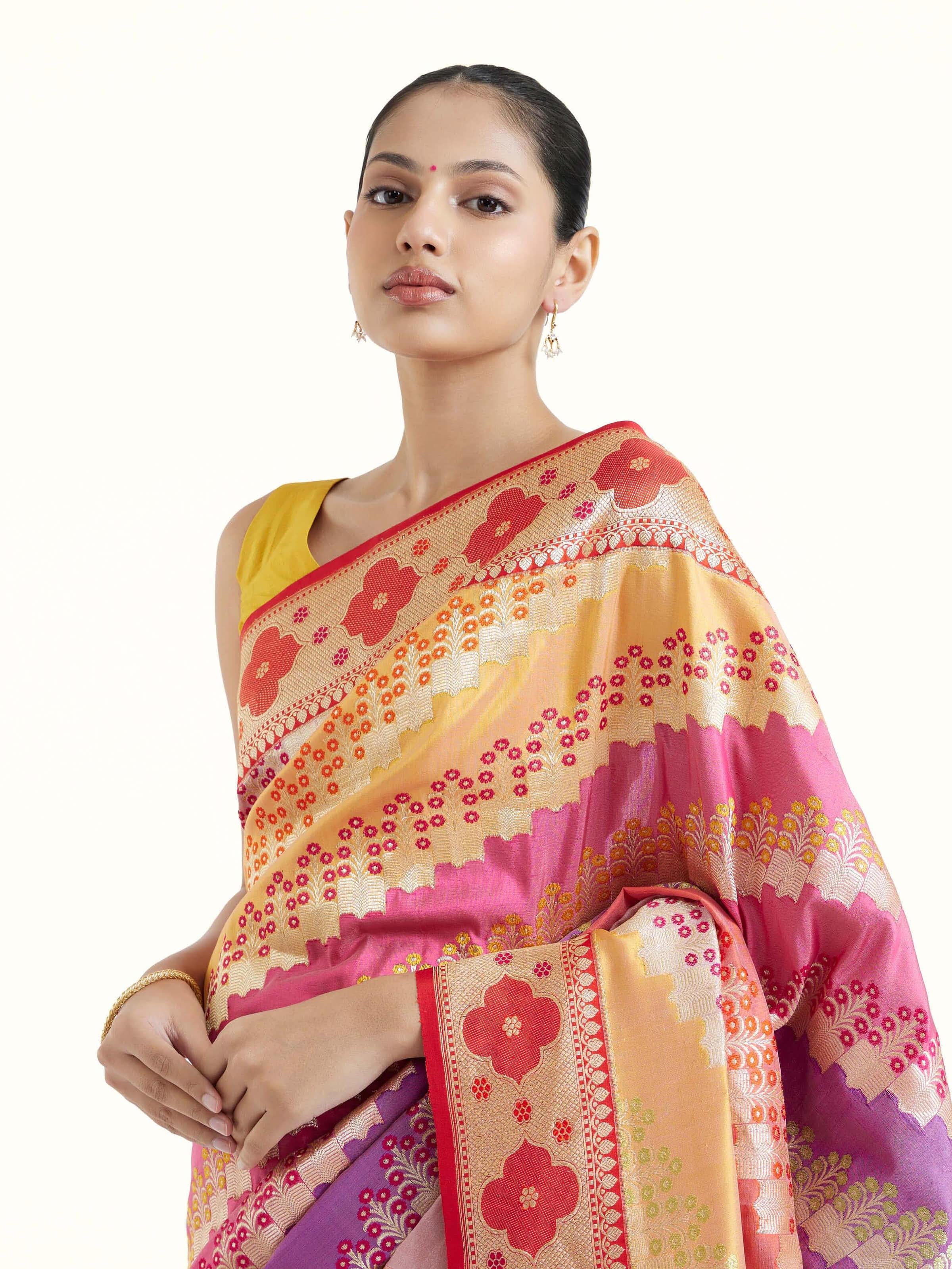 Angled view of silk rangkat Banarasi saree emphasizing traditional rangkat weaving and detailing