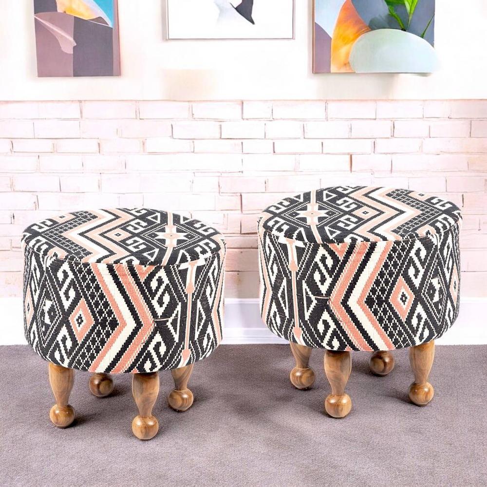Louisville Acacia Wood Parisian Round Set of 2 Pouf Stools in Multi-colour Jacquard