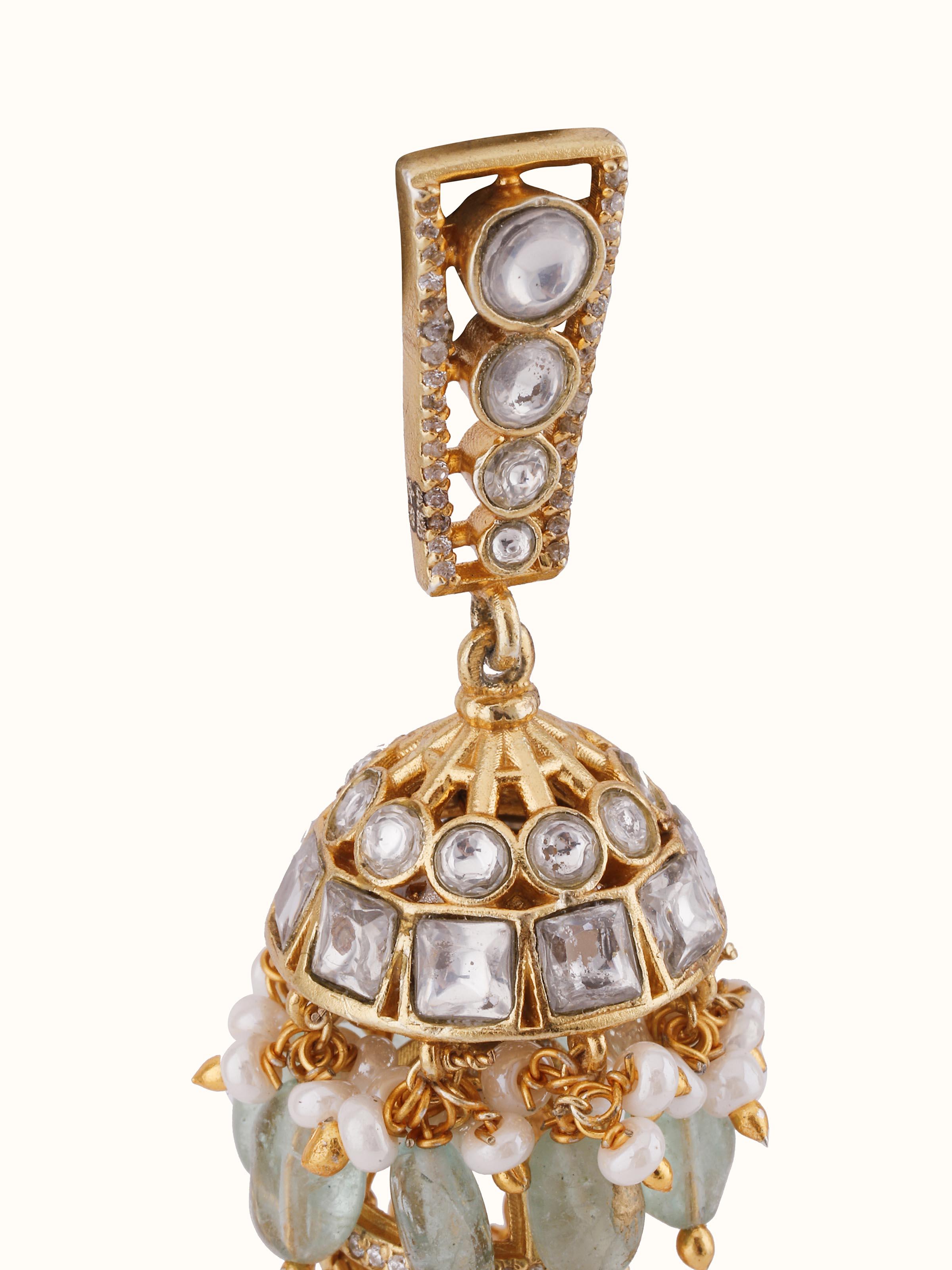 Overhead angle of Silver Smithing jhumkas showing symmetrical form and textural silver elements.