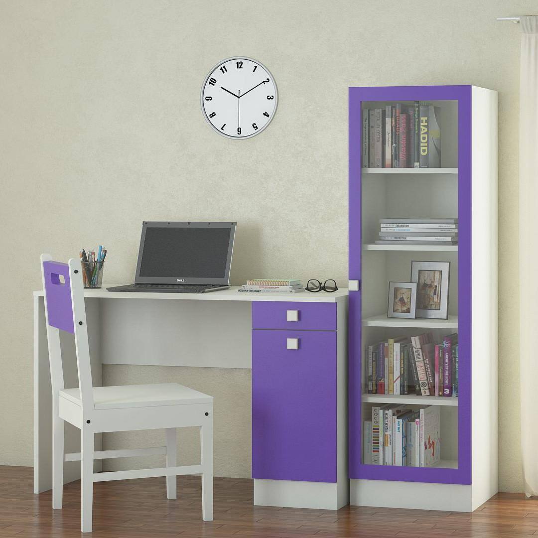 Celestia Kids Study Set with Desk Bookshelf and Wooden Chair in Lavender Purple Colour