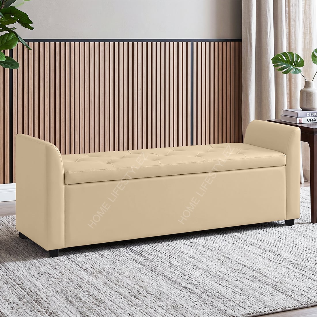 Sibol Leatherette  2 Seater Ottoman Bench with Storage  in Cream Color - Home Lifestylez