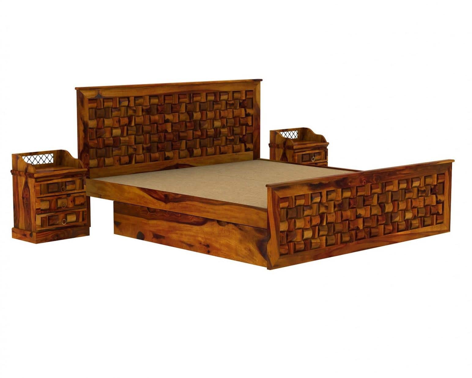 Moglis Solid Wood Queen  Size Bed With Drawer Storage Bed In Honey Oak Finish