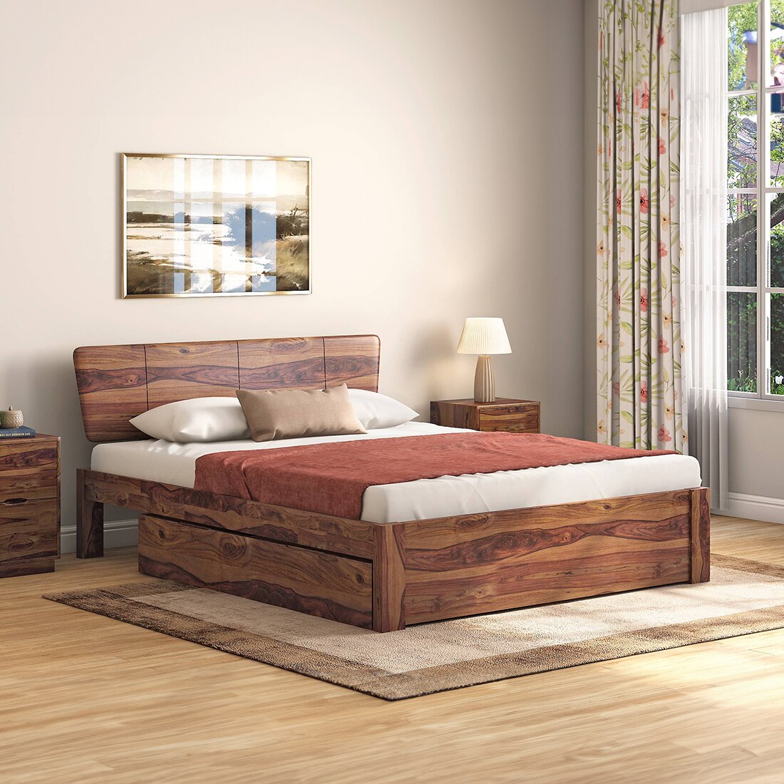 Marieta Solid Wood Queen Size Drawer Storage Bed In Teak Finish