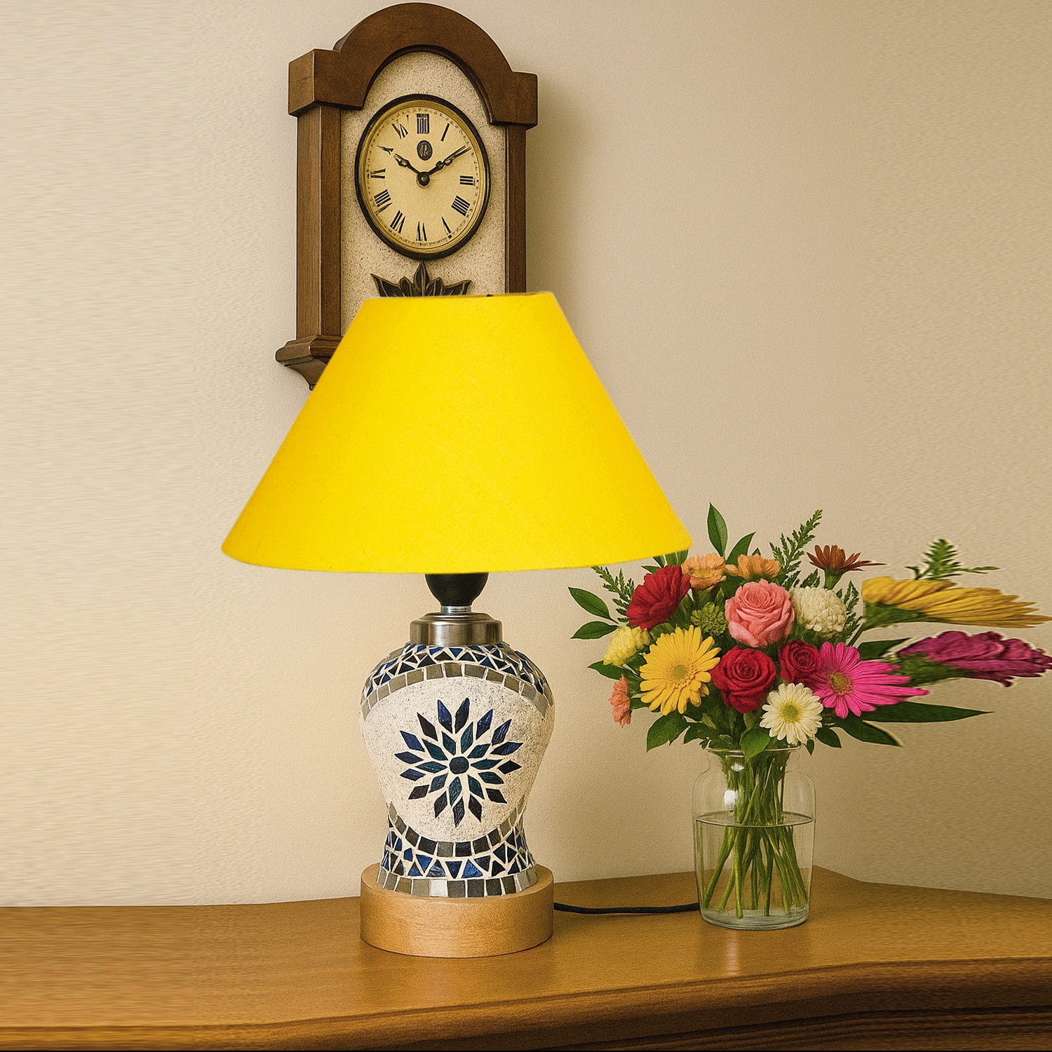 Devansh Conical Yellow Cotton Shade Lamp With Wood & Mosaic Glass Base For Decoration/Office/Home/Gifting/Study For Decoration/Office/Home/Gifting/Study -(10X10X14.5) Inches -A