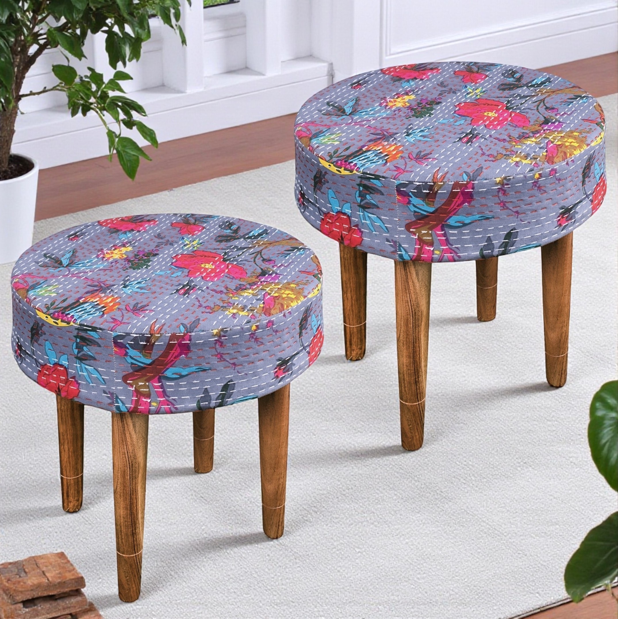 Nayla Sheesham Wood Mid-Century Set of 2 Stools in Grey Bird Print Kantha, Teak Finish