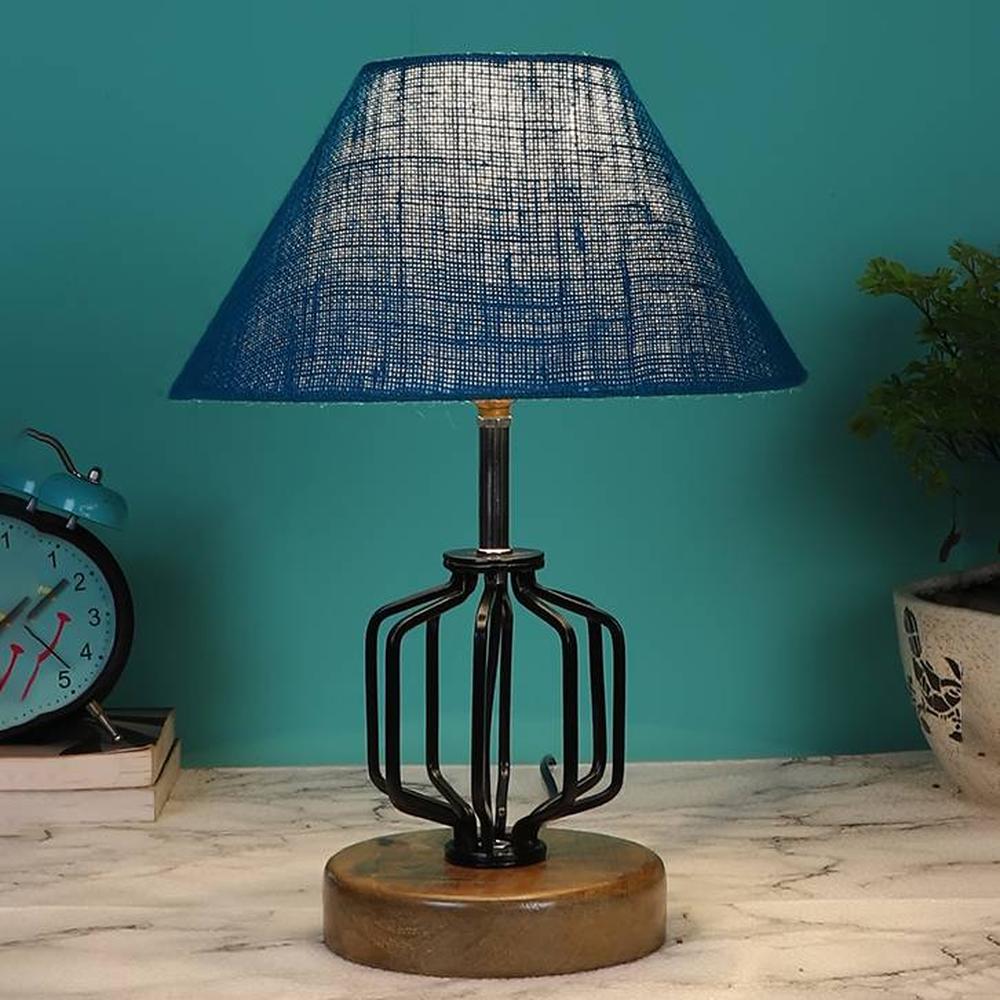 Wren Turquoise Jute Table lamp with Wood & Iron Base