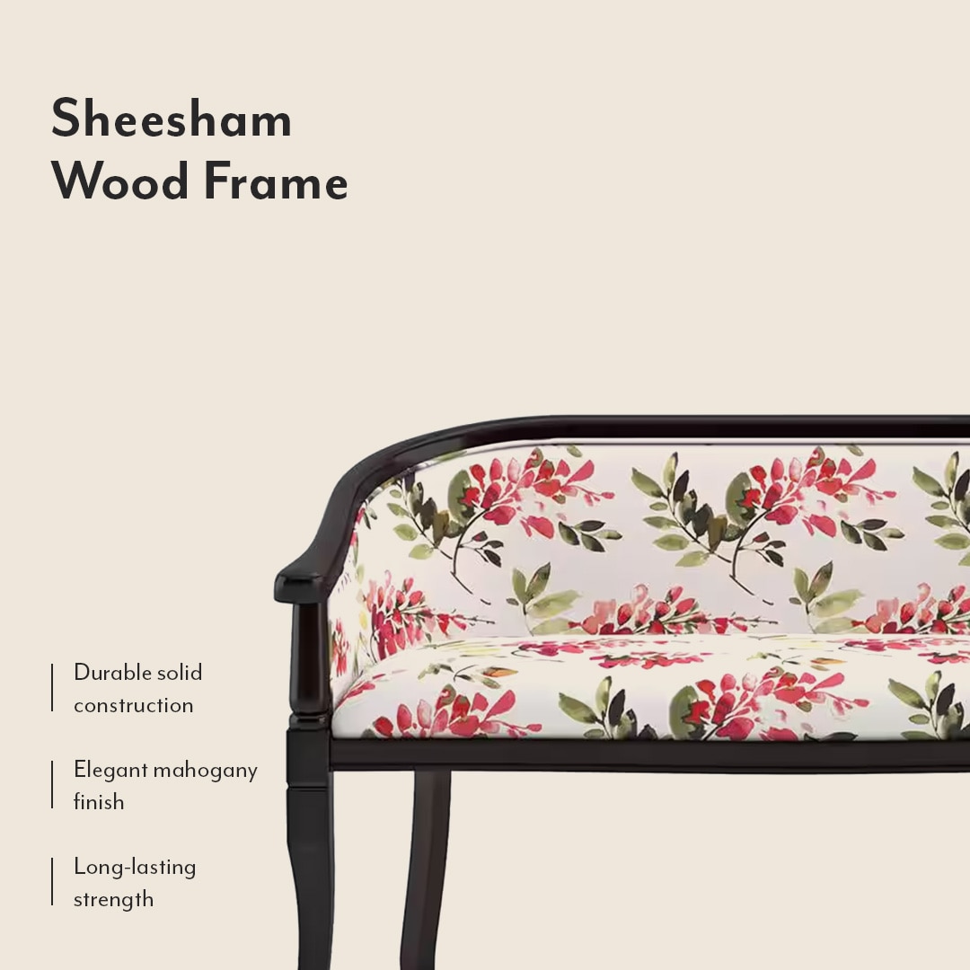 Florence Loveseat 2 Seater In Mahogany Finish With Caramine Cassia Red Floral Print Colour