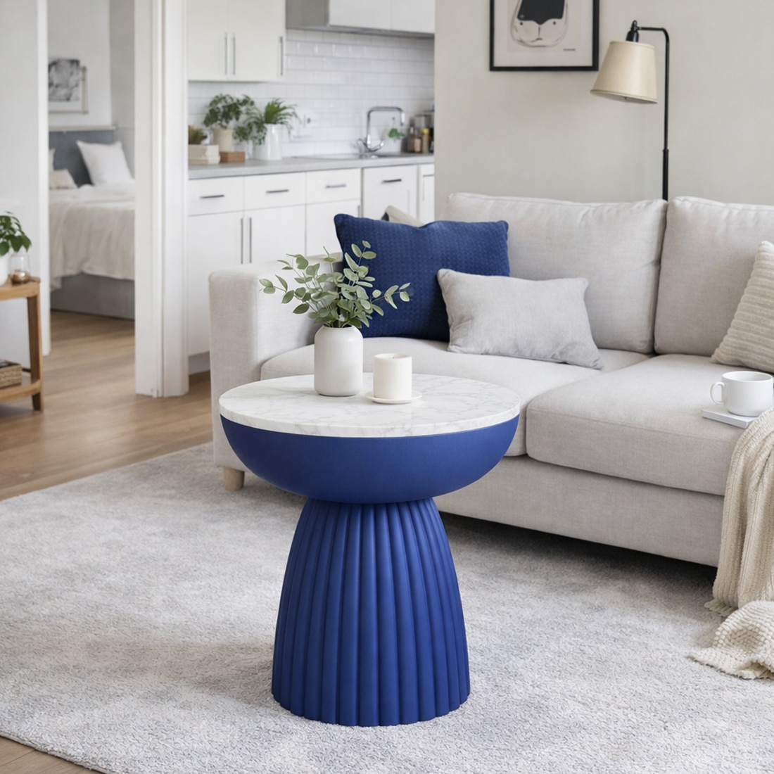 Muse Side Table In Marble Top In Indigo Blue Colour - HomeDfy