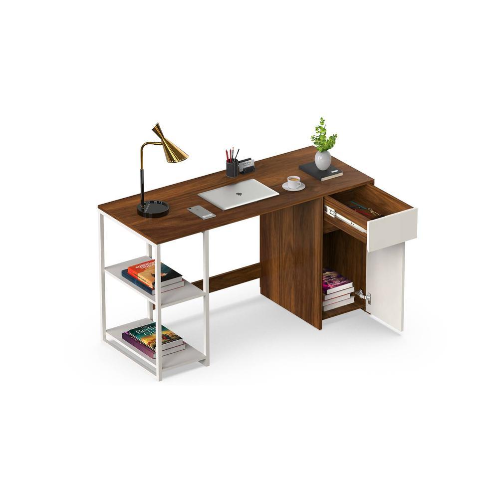 Corbyn Engineered Wood Study and Computer Laptop Table for Home or Office, WFH Desk, with Drawer Shelves Storage for Books and Décor Display for Adults Kids Students (Brown Maple & White)