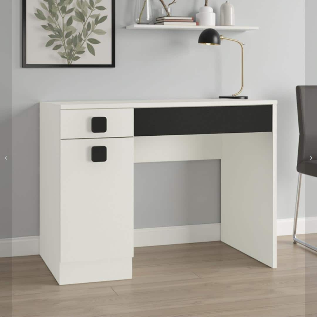 Kristina Study Desk with Shuttered Cabinet and 2 Drawers in Ivory Carbon Black Colour