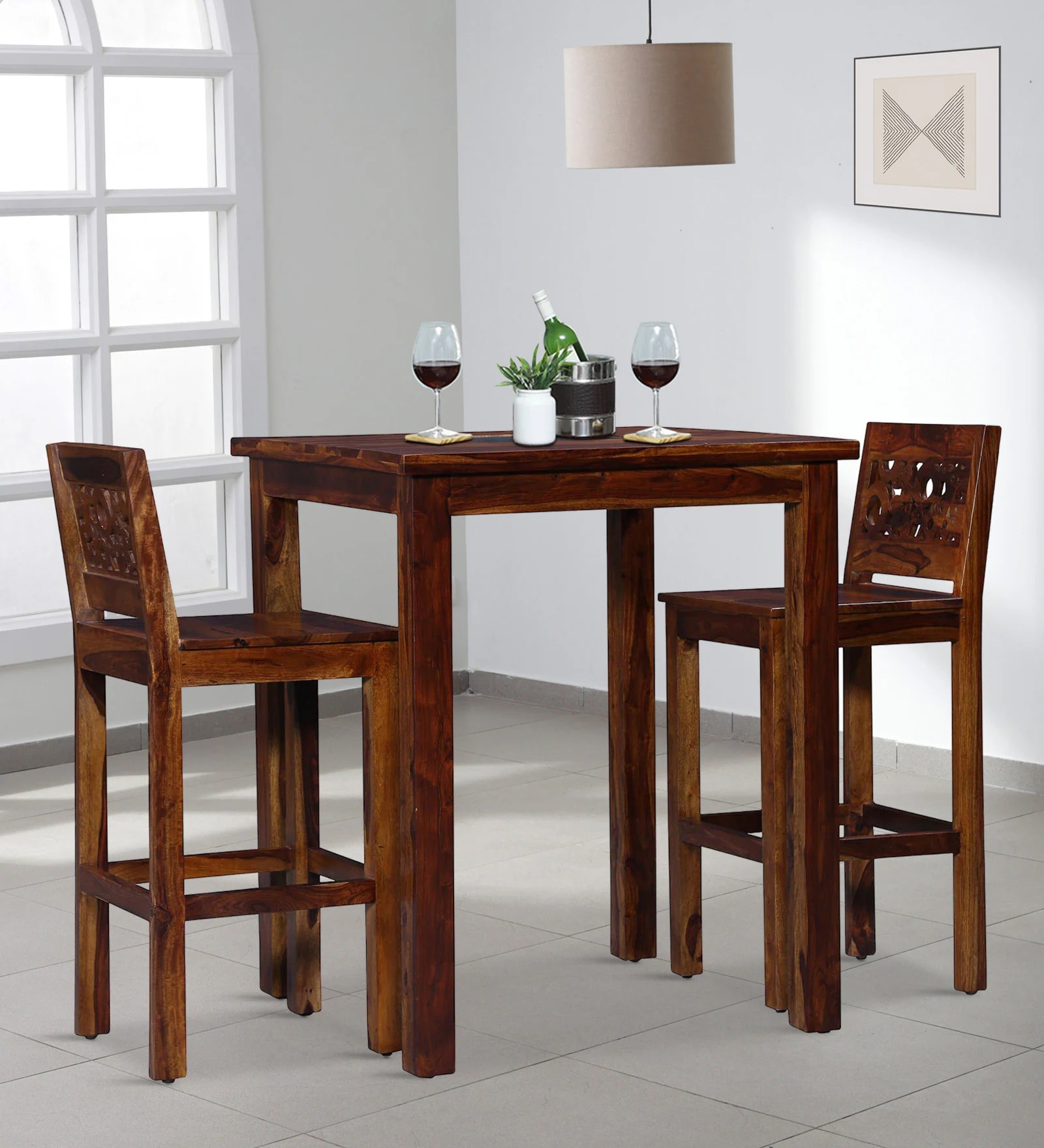 Lifty  Sheesham Wood Bar Table Set in Provincial Teak Finish With 2 Chairs