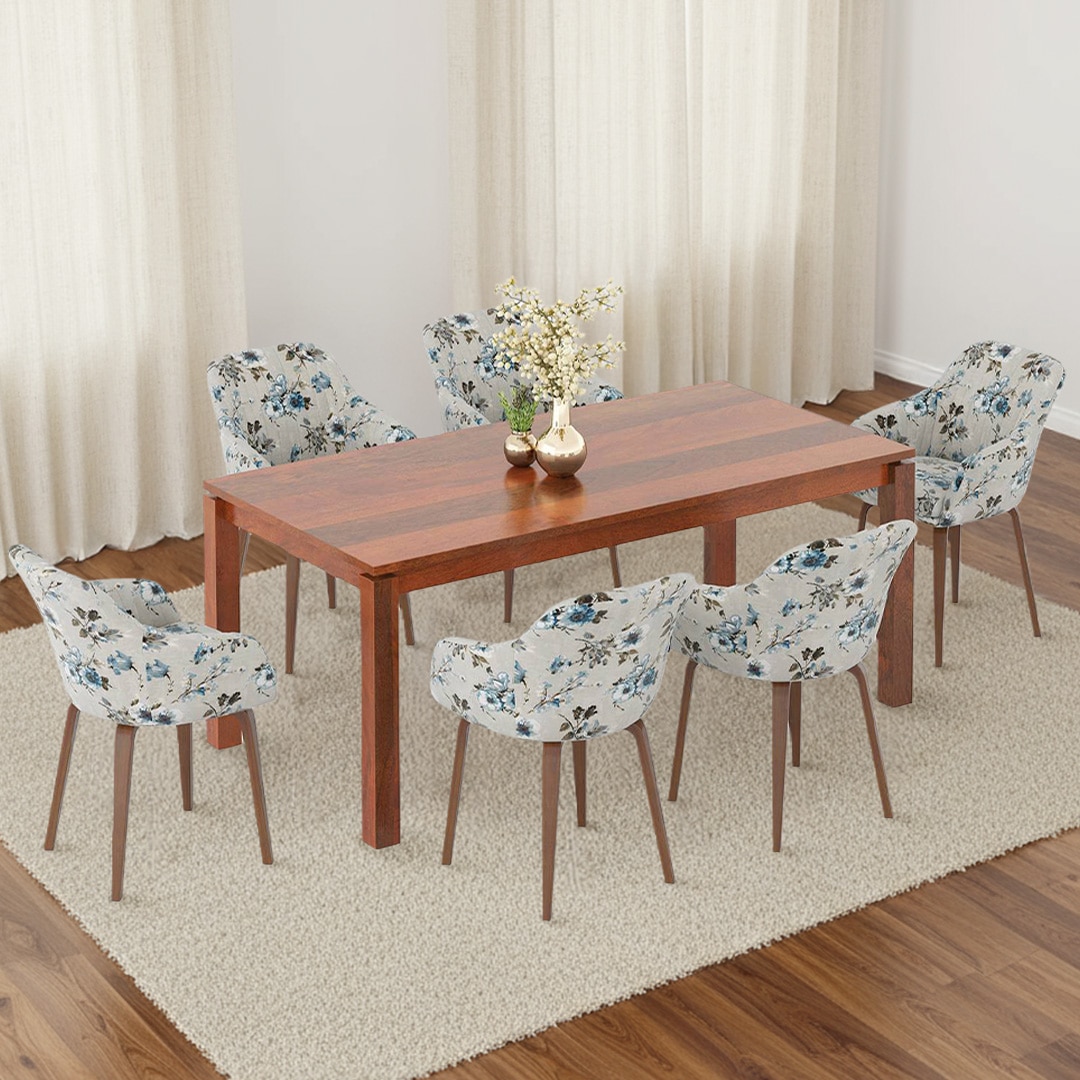 Atlas Solid Wood 6 Seater Compact Dining Table with 6 Rochelle Lounge Chair