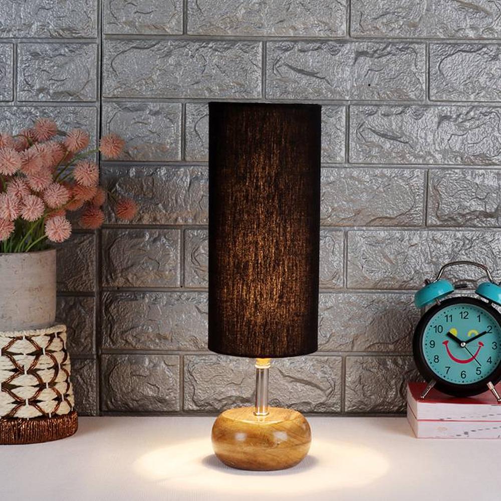 Marilynne Black Fabric Shade Table Lamp with Natural Wooden Base - Devansh