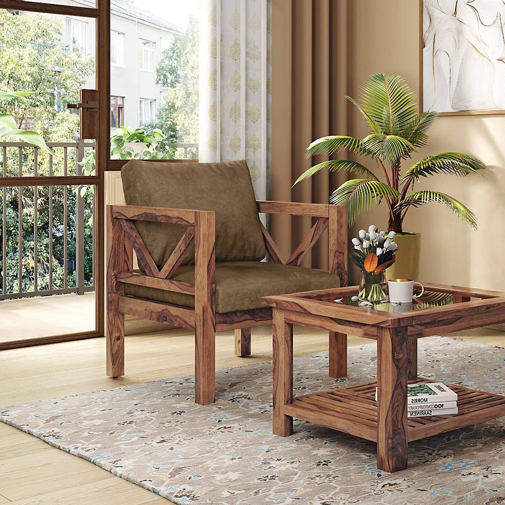 Alden 1 seater Wooden Sofa in Peanut Brown Velvet Colour