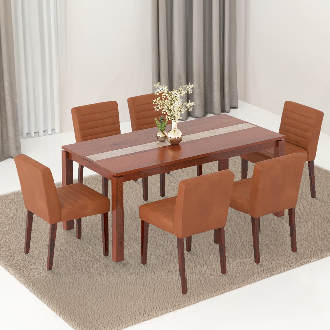Atlas Crest Solid Wood 6 Seater Dining Table with Ludo Solid Wood Dining Chair